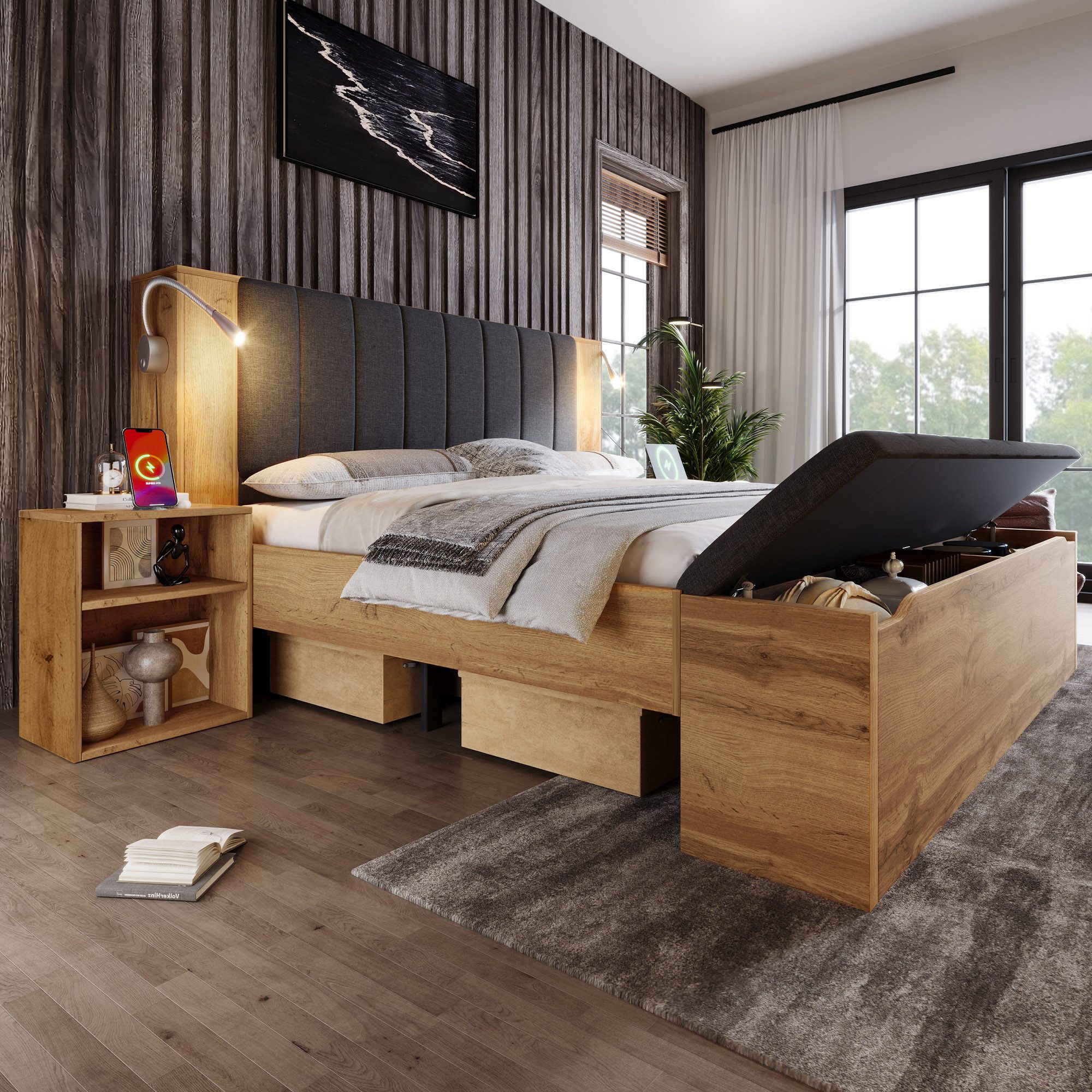 REDOM Holzbett Doppelbett mit Leselampe, Bettbank & klappbarem Kopfteil (Doppelbett, Funktionsbett, 1-tlg., 180x200 cm, inkl. 2 beweglichen Nachttischen & Aufbewahrungsschrank), Schafft gemütliche Lese- und Ruhezone im Schlafzimmer.(ohne Matratze)