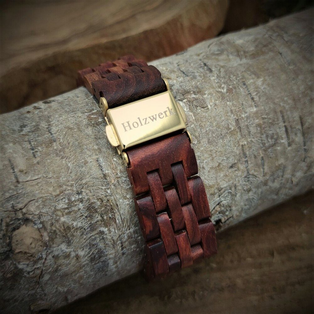 Holzwerk Quarzuhr THALE kleine Damen Edelstahl & Holz Armband Uhr, braun, rot, gold