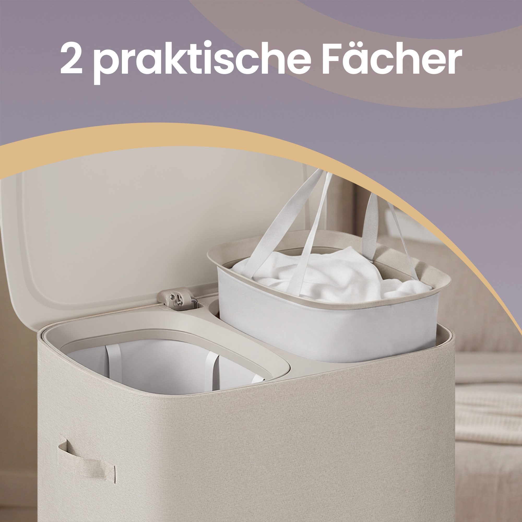 SONGMICS Wäschetruhe mit Deckel, Wäschesammler 2 Fächer, Tragbares Wäschetrennsystem, 2 Fächer, 160 L, 56 x 40,5 x 75 cm, mit Deckel, Wäschesammler – Bild 4 von 5