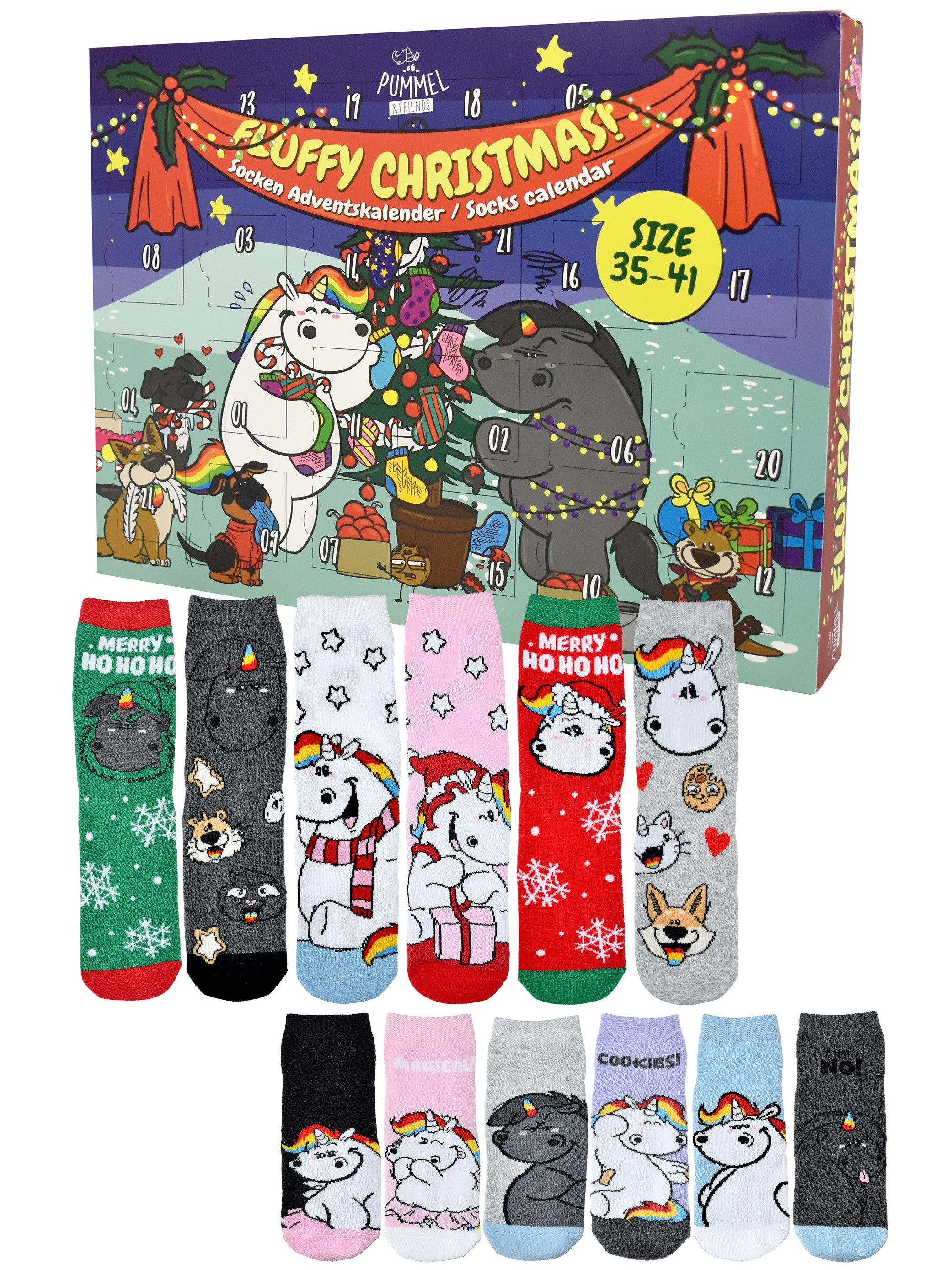 United Labels® Adventskalender Pummeleinhorn Socken Adventskalender mit 12 Paar kurz und lang