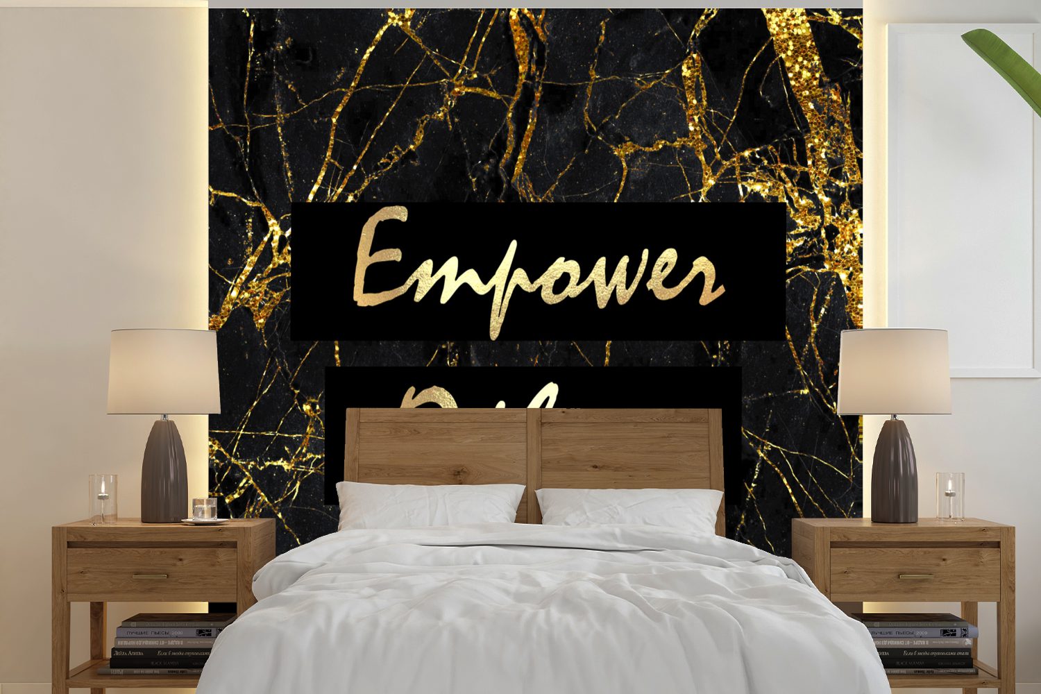 MuchoWow Fototapete Zitat - Macht - Gold - Marmor, Matt, bedruckt, (5 St), Vinyl Tapete für Wohnzimmer oder Schlafzimmer, Wandtapete