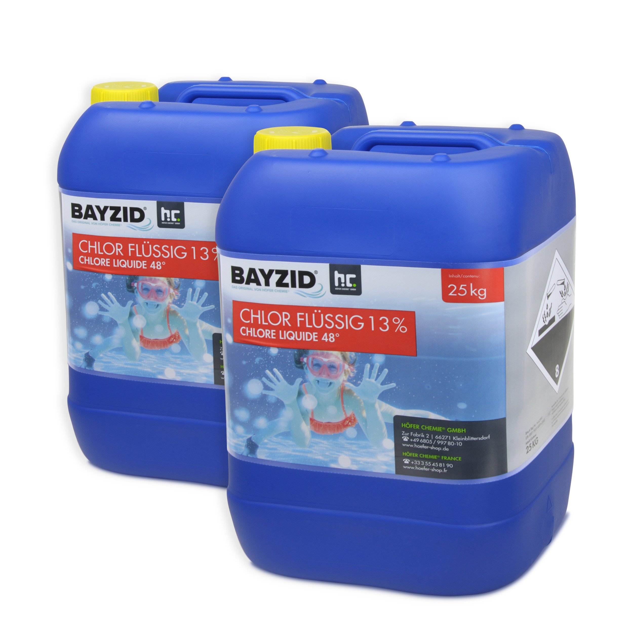 Höfer Chemie GmbH Poolpflege 2x 25 kg BAYZID® Chlor 13% flüssig, Zuverlässige Desinfektion für sauberes und hygienisches Poolwasser