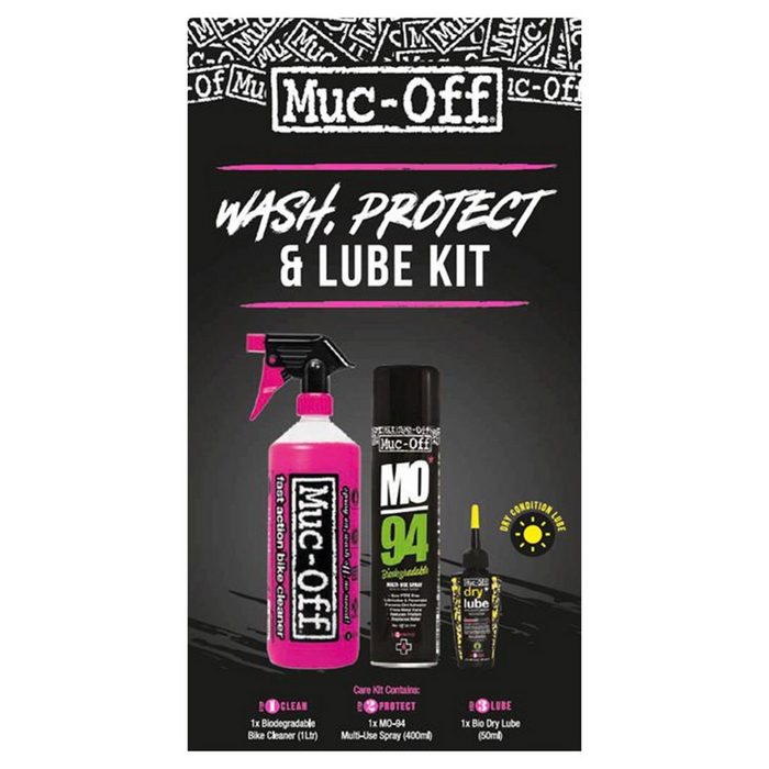 Muc-Off Werkzeugset Wash Protect & Lube Kit (Dry Lube Version) (3-St) Fahrrad Reinigung Pflege Set Kit Fahrradreinigung Schmiermittel Putzset