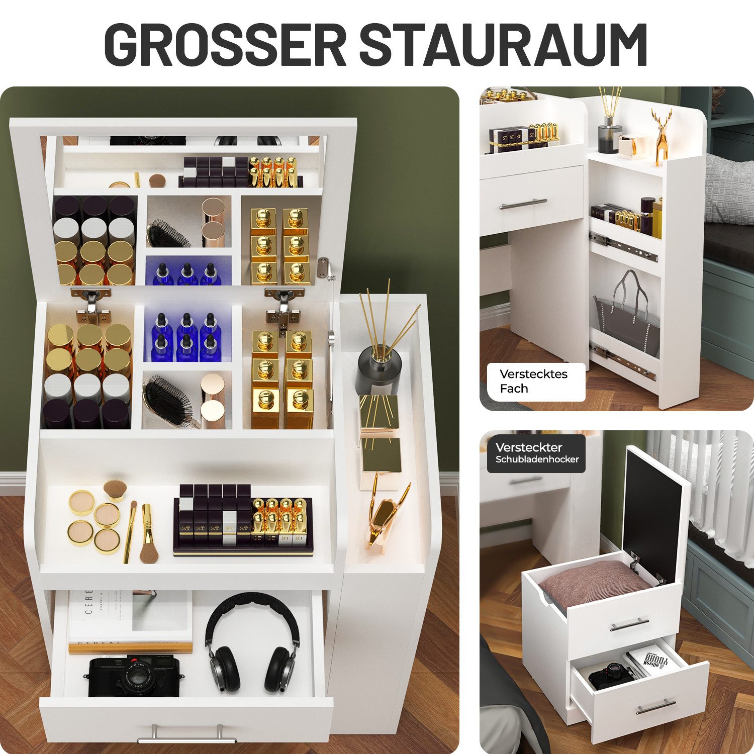 oyajia Schminktisch 3 in 1 Schminktisch mit Hocker, Klapp-Nachttisch, 5 Schubladen, Weiß (Aufklappbarer Spiegel Kosmetiktisch mit Schubladen, Fächern & Hocker), – Bild 4 von 5