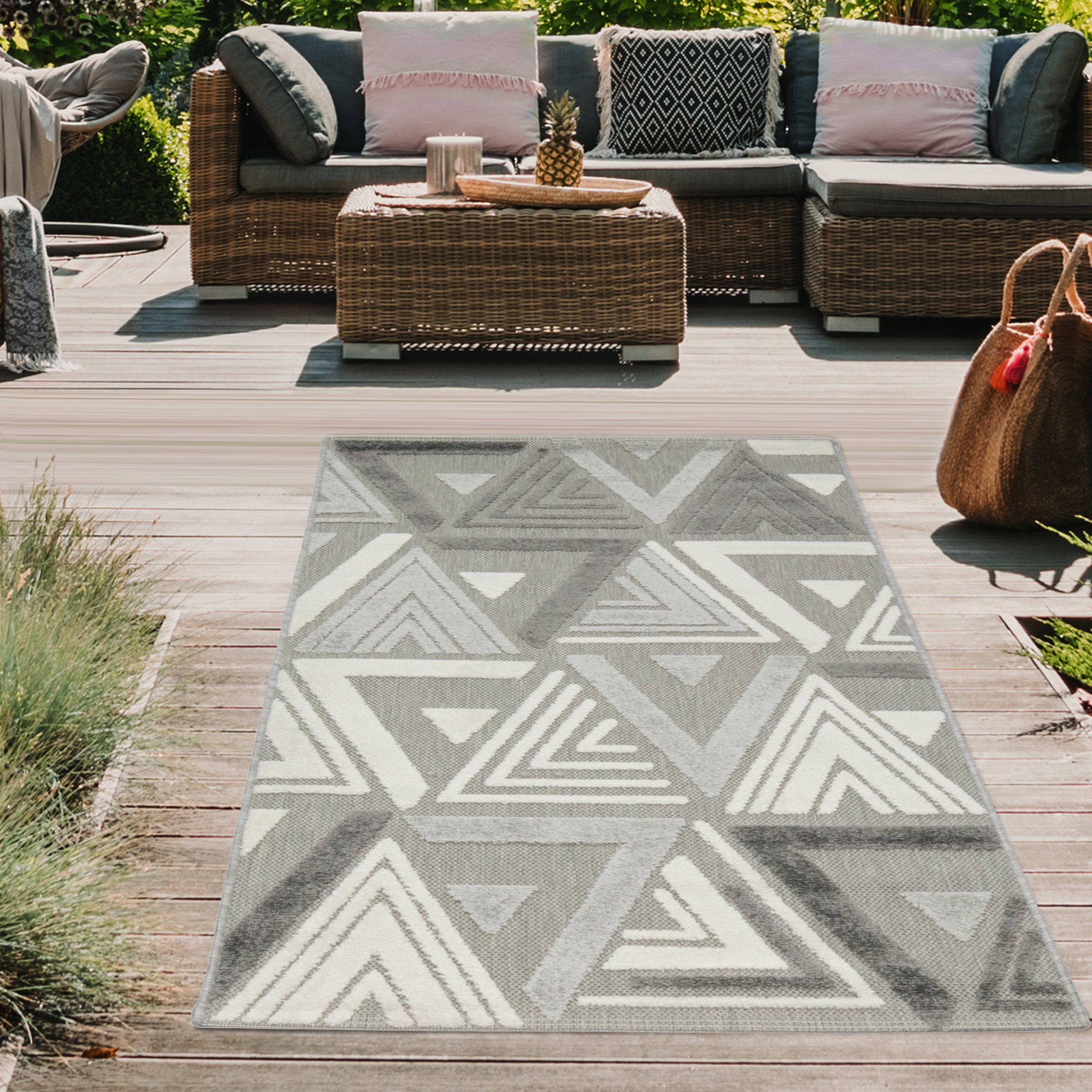 Teppich mm & abstrakt Sisal Höhe: Dreiecksmuster modernes creme 3d rechteckig, grau, 10 Teppich-Traum, In- Outdoor Outdoorteppich