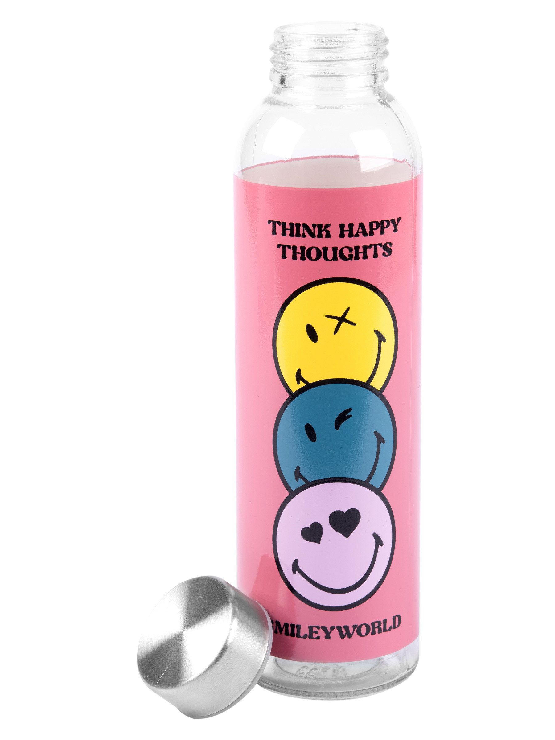 United Labels® Trinkflasche Smileyworld Flasche aus Glas Wasserflasche 500 ml pink