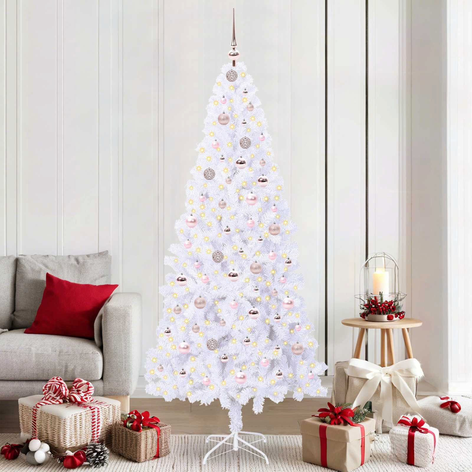 furnicato Künstlicher Weihnachtsbaum 210 cm Weiß mit LED-Lichterkette, Tannenbaum mit 8 Blinkmodi, USB-Stromversorgung und stabilem Ständer