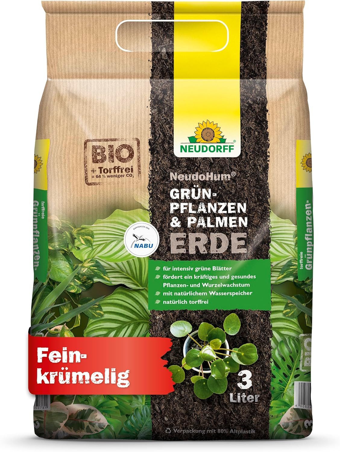 Neudorff Blumenerde NeudoHum Grünpflanzen- & PalmenErde 3 L, für 4 Wochen vorgedüngt