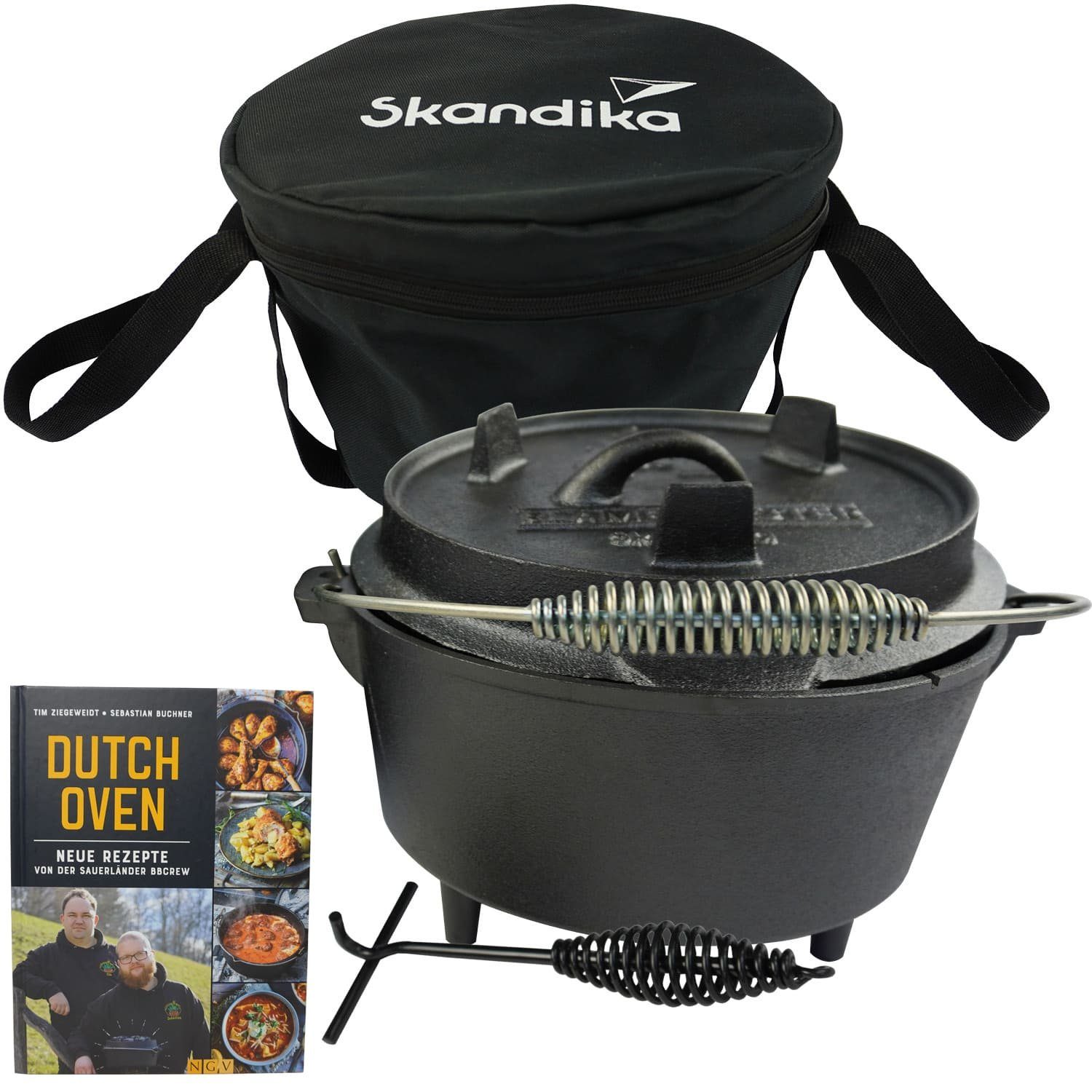 Skandika Grilltopf Dutch Oven Flame Master 7,1 L mit Füße, Feuertopf, Gulaschtopf, (Tragetasche, Deckelheber, auch Pfanne, bereits eingebrannt), Gusseisen Topf zum Kochen, inkl. Rezeptbuch der Sauerländer BBCrew