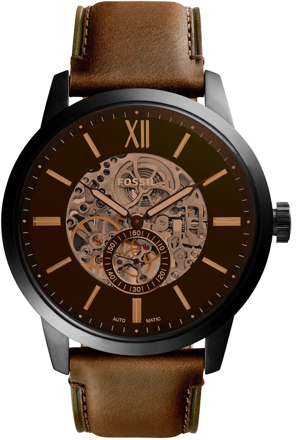 Fossil Automatikuhr Townsman, ME3155, Armbanduhr, Herrenuhr, mechanische Uhr, skelettiertes Zifferblatt