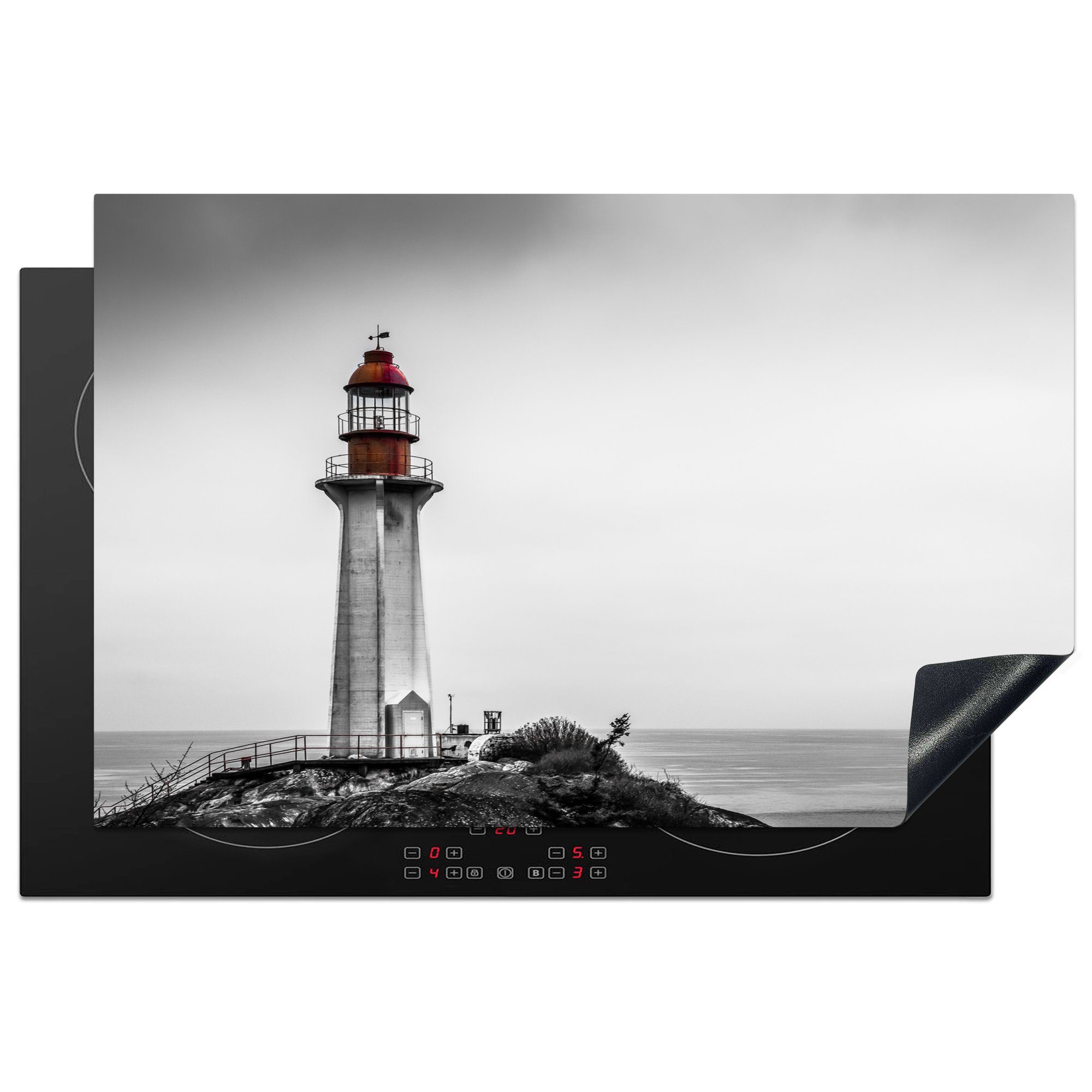 MuchoWow Herdblende-/Abdeckplatte Schwarz-Weiß-Foto eines Leuchtturms im Westen von Vancouver, Vinyl, (1 tlg), 81x52 cm, Induktionskochfeld Schutz für die küche, Ceranfeldabdeckung
