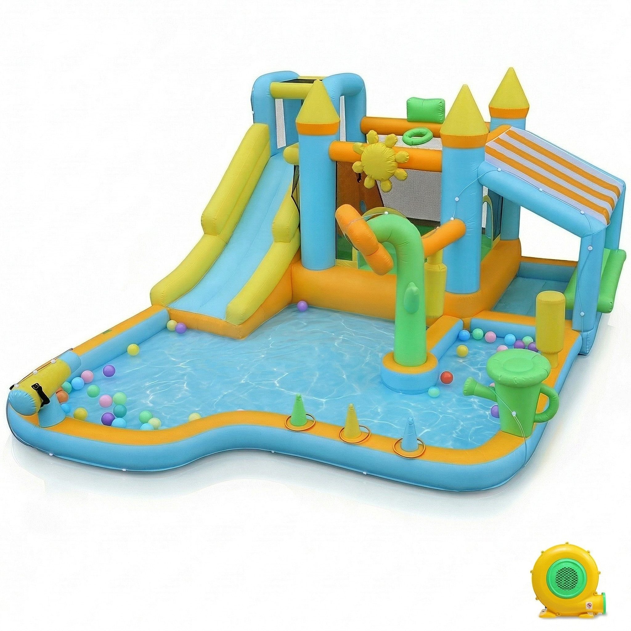 Hüpfburg Springburg mit Wasserrutsche, Rutsche, Gebläse, 7 in 1 Garten Spielcenter