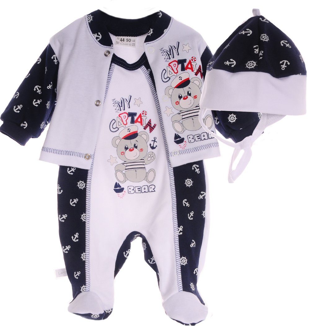 La Bortini Strampler Baby Anzug Stramplerhose Hemdchen Mütze Shirt Set 3Tlg aus reiner Buamwolle, 44 50 56 62 68 74 80 86