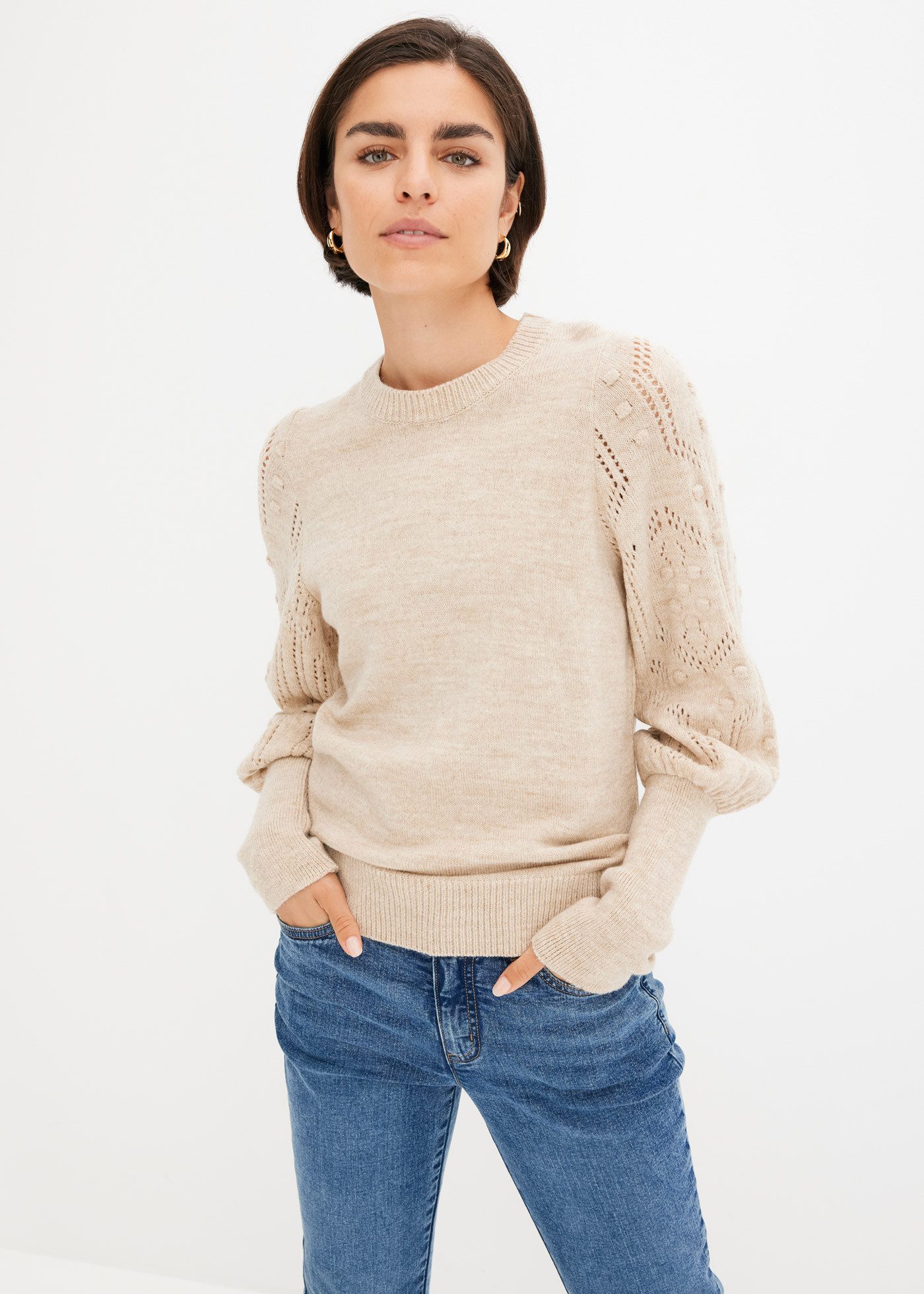 bonprix Strickpullover Ballonärmel mit tollem Ajourmuster und extra breitem Strickbündchen
