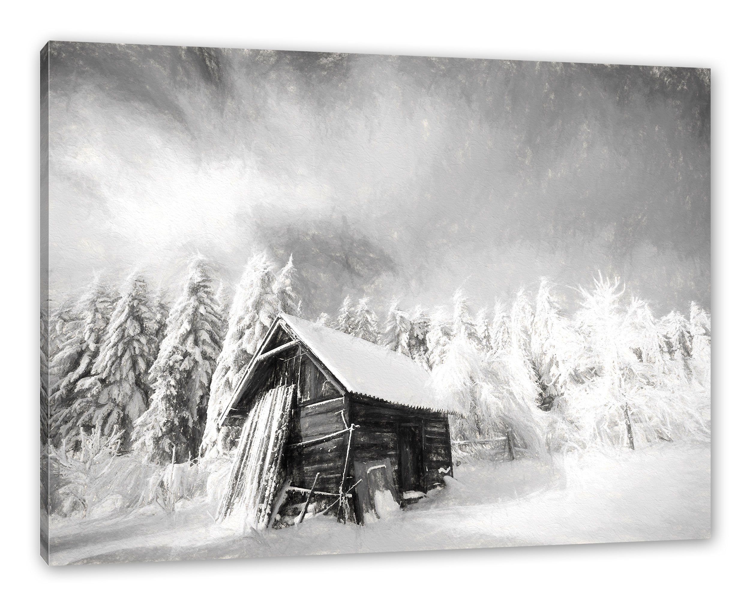 Leinwandbild Leinwandbild inkl. Pixxprint bespannt, Zackenaufhänger (1 Schnee Schnee, im St), fertig Holzhütte Holzhütte im