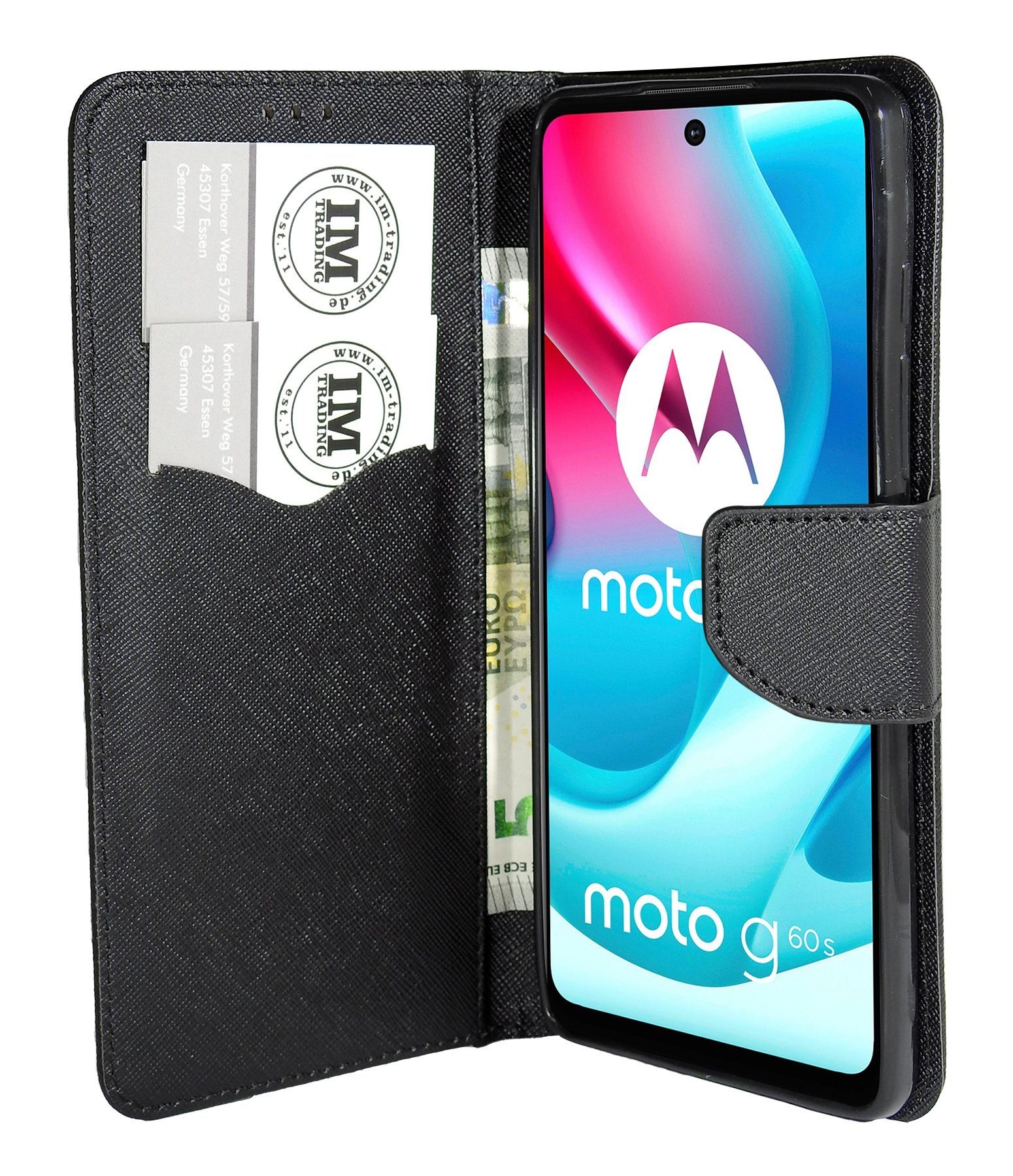 cofi1453 Handyhülle Buch Tasche "Fancy" für MOTOROLA MOTO G60S Schwarz 6,8 Zoll, Kunstleder Schutzhülle Handy Wallet Case Cover mit Kartenfächern