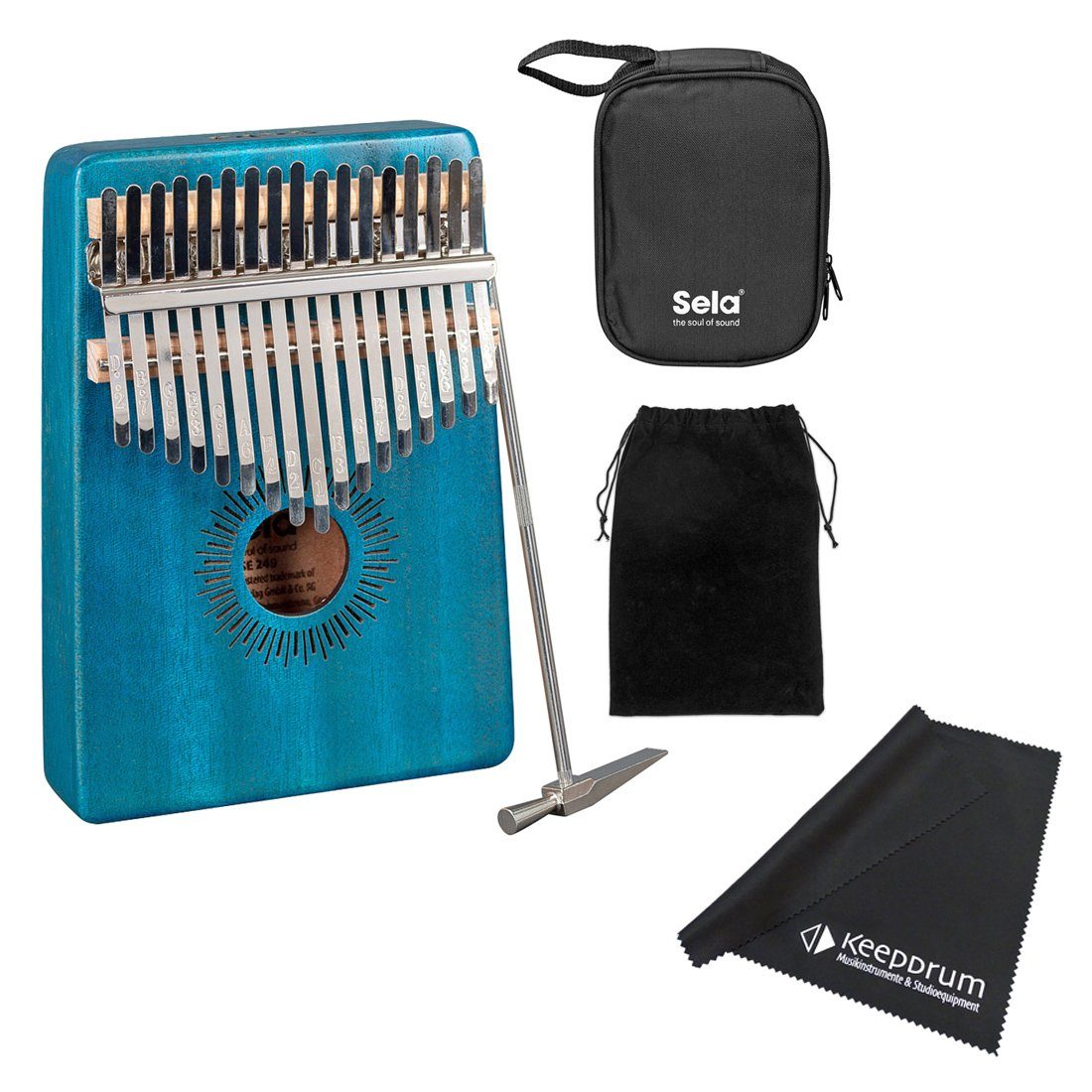 Kalimba Sela SE249 Kalimba Mahagoni 17 Blau mit Tuch