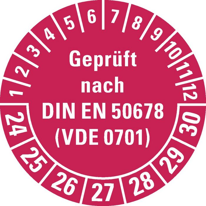 Dreifke Hinweisschild Dreifke® Prüfplakette geprüft nach DIN EN 50678(VDE 0701) 24-30 rot Dokumentenfolie Ø 30mm 108/Heft