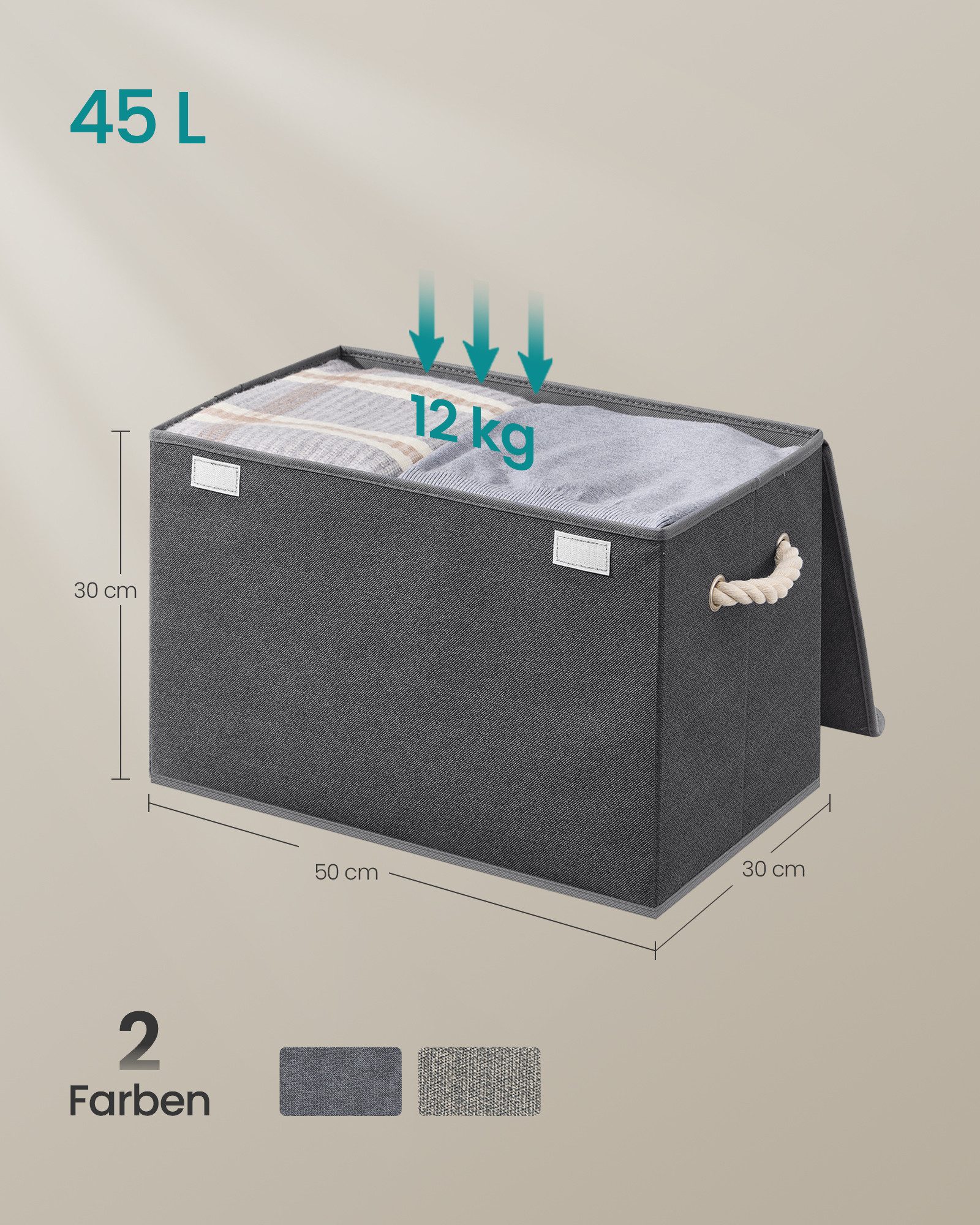 SONGMICS Aufbewahrungsbox 3er Set Stoffboxen klappbar, 50 x 30 x 30 cm, für Schlafzimmer, Wohnzimmer, mit Deckel, Griffe – Bild 3 von 5