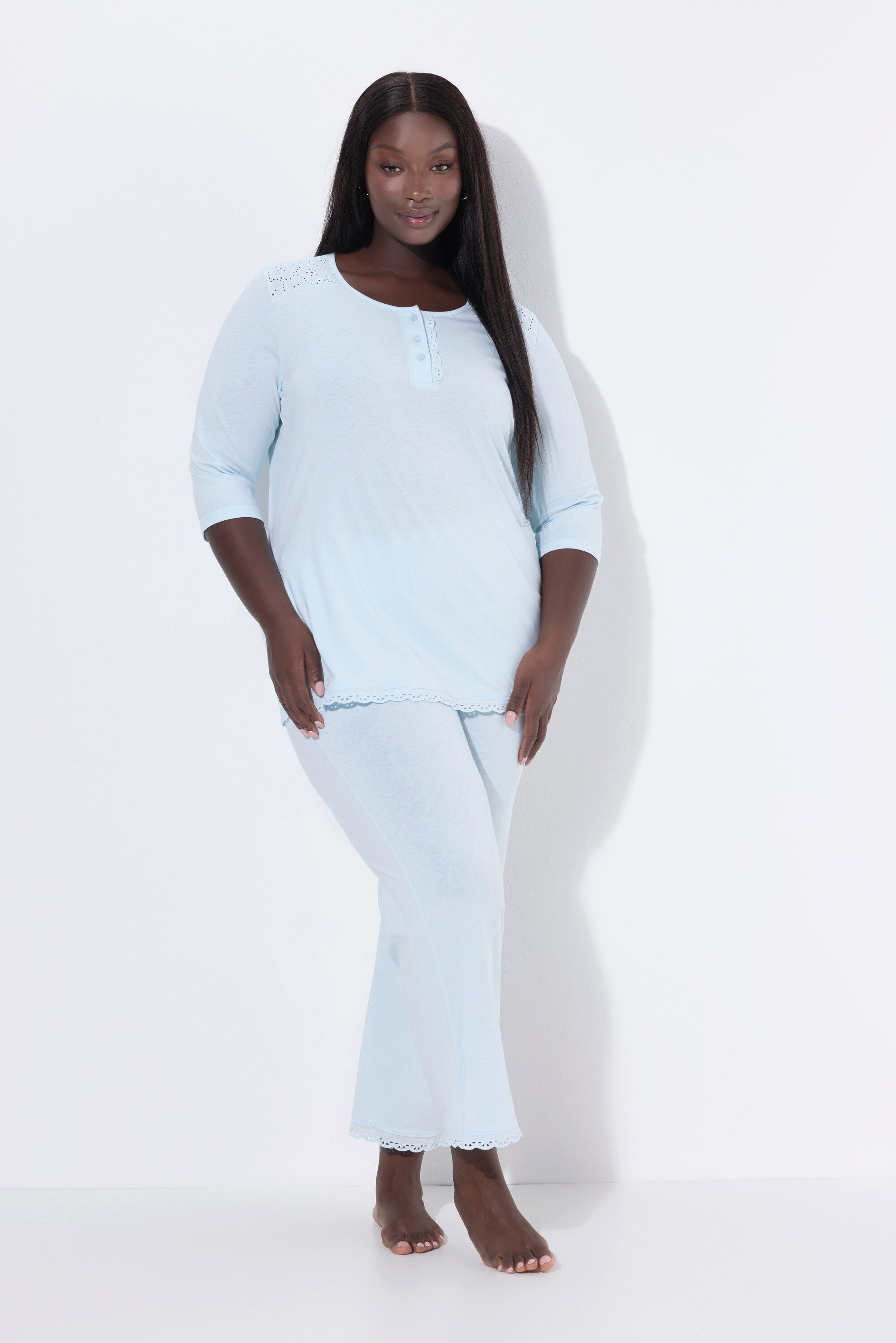 Ulla Popken Pyjama Pyjama Zweiteiler Lochstickerei Zierfalte 3/4-Arm günstig online kaufen