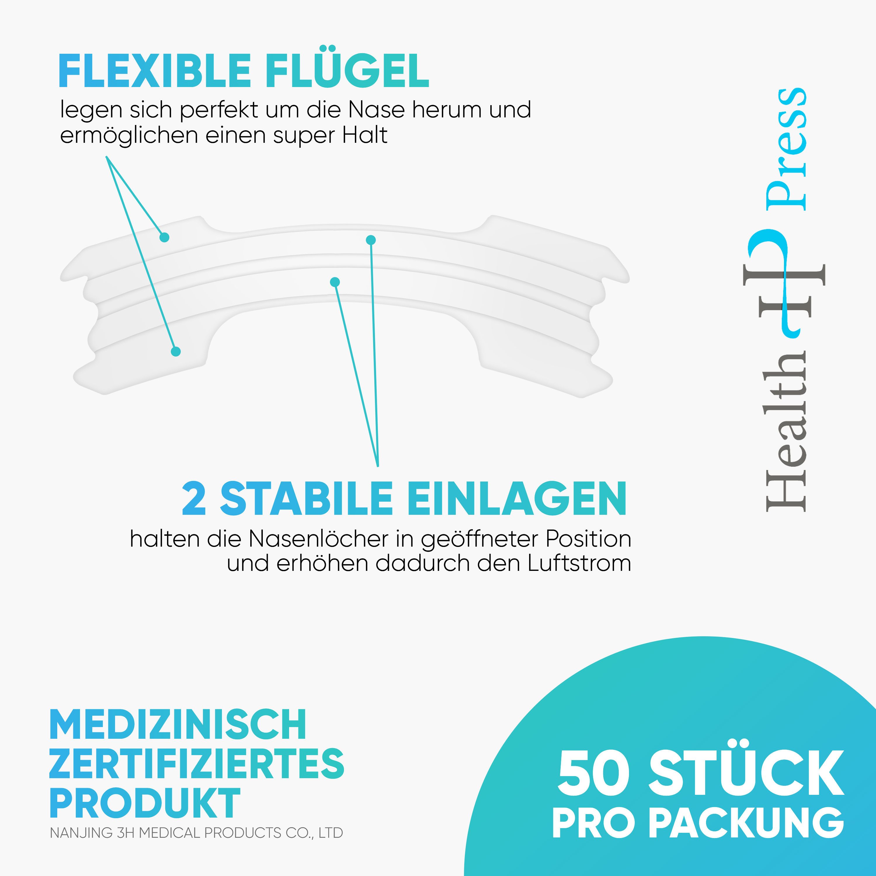 Health Press Nasenpflaster Transparente Nasenstrips Anti Schnarch Pflaster für einfacheres Atmen (50 St), Verbesserte Nasenatmung