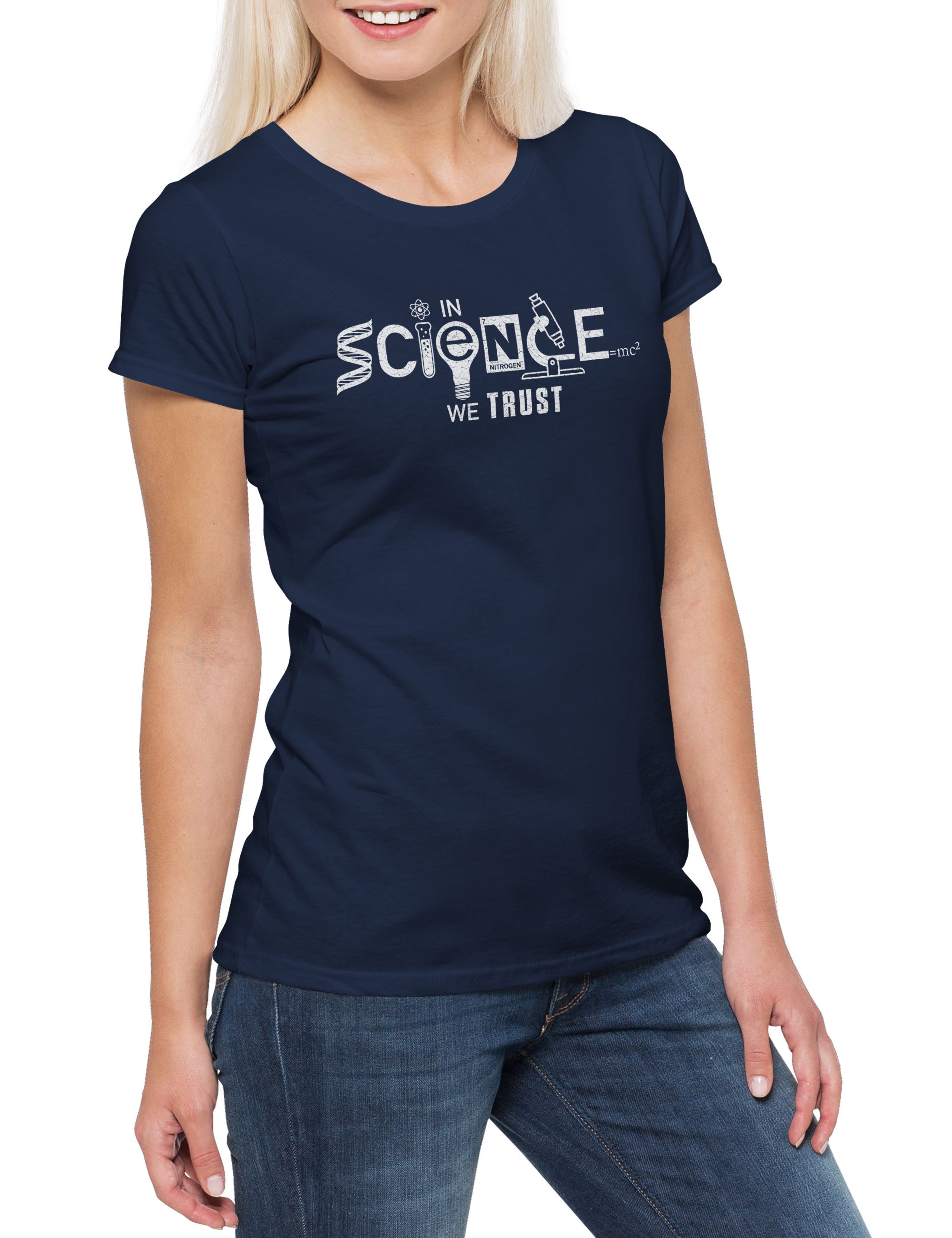 Print-Shirt In Science We Trust Damen T-Shirt Lehrer Fun Professor Nerd Geek