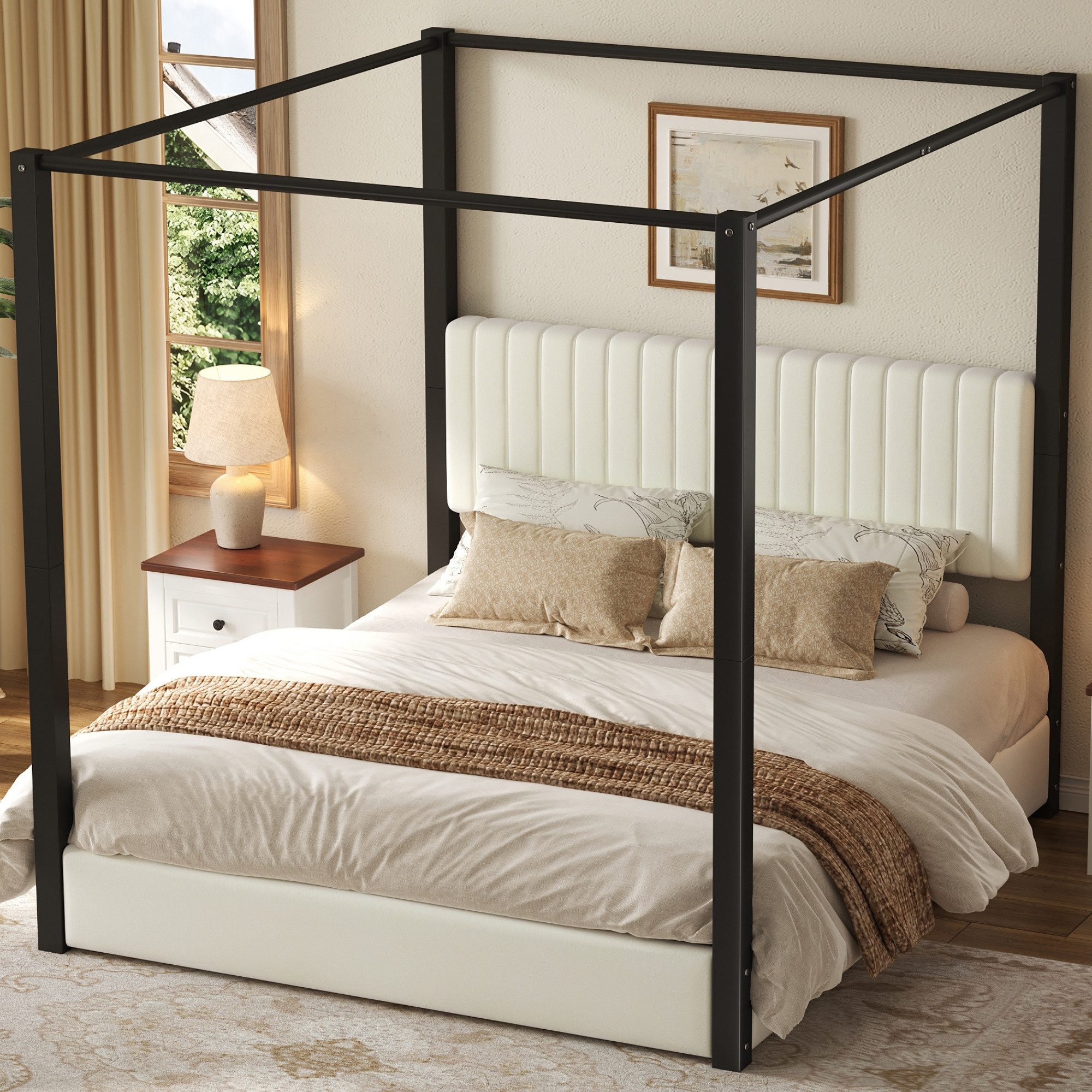 BlingBin Himmelbett Polsterbett 180x200 cm mit Himmelbettgestell (Metallbett, 1-tlg., Bettgestell mit Himmelbettgestell und Lattenrost), Doppelbett mit Kopfteil, Metallrahmen und Lattenrost