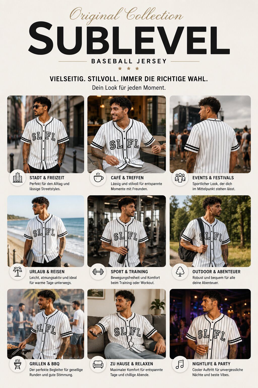 SUBLEVEL T-Shirt Herren Shirt Rugby Jersey Logo moderner Look verlängerter Rücken, All Over Streifen, Frontapplikation – Bild 4 von 5
