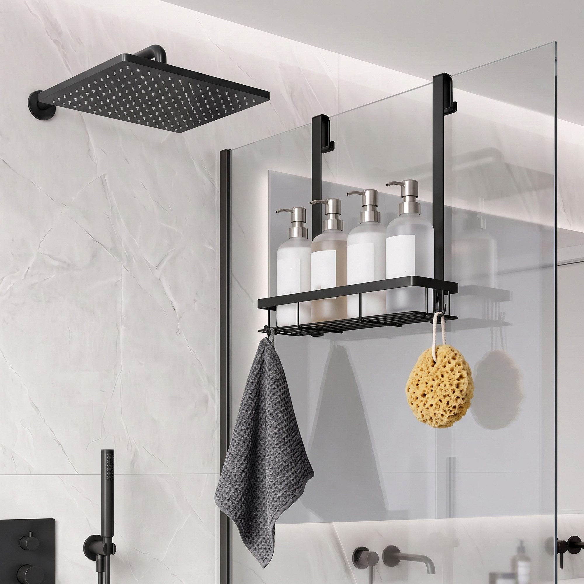 SONGMICS Duschregal 1-stufige Duschablage, 2,8 x 17 x 36 cm, für Badezimmer, für Duschtür, ohne Bohren – Bild 2 von 5