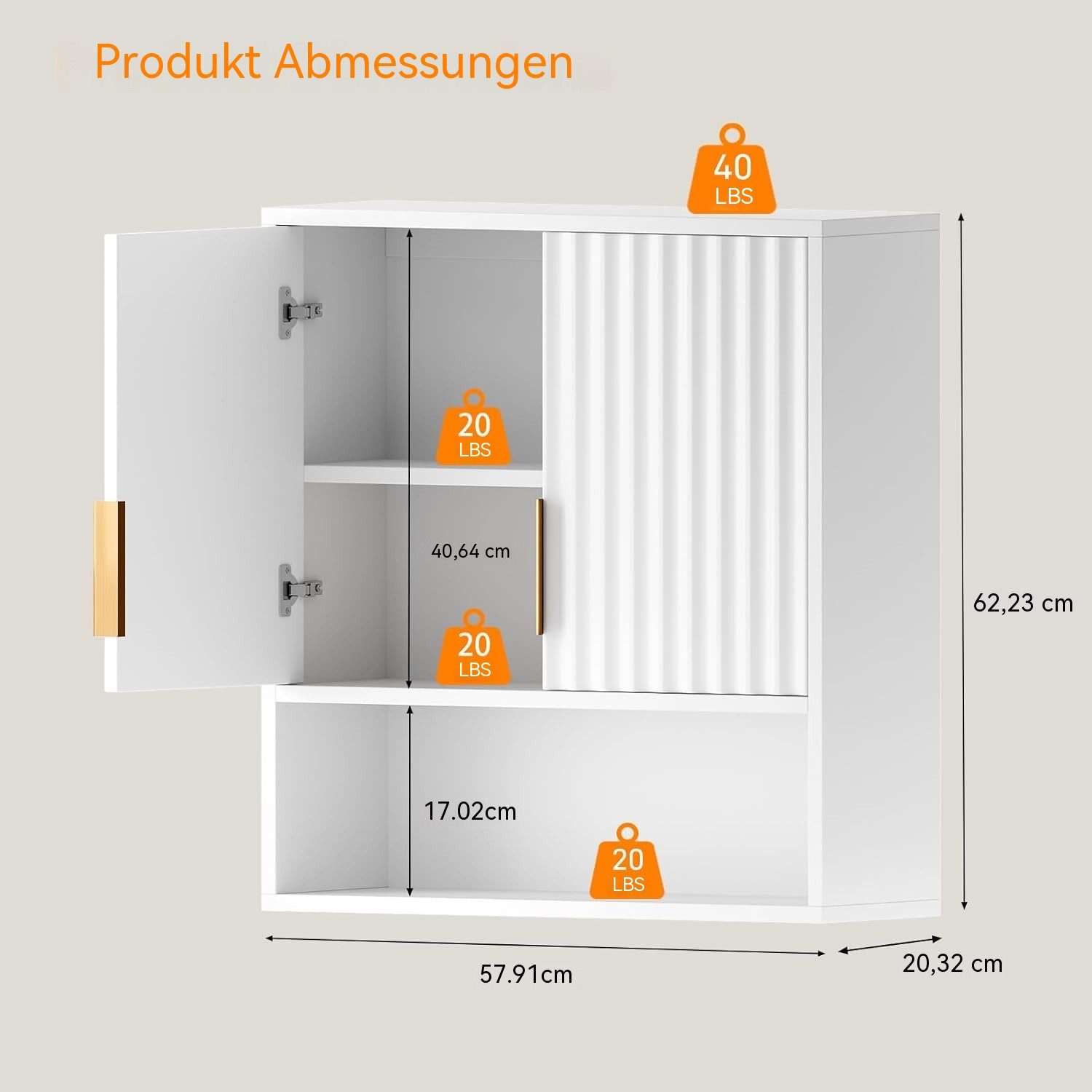 Karlhome Wandhängeschrank Badezimmerschrank mit 2 Türen und offenem Fach, 58 x 20 x 62 cm, Badschrank mit verstellbarer Ablage, Wandmontage, Weiß