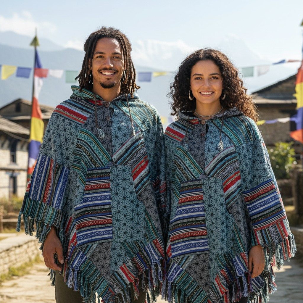 Guru-Shop Strickjacke Patchwork Poncho mit Kapuze und Fransen, Boho.. Ethno Style, alternative Bekleidung – Bild 2 von 5