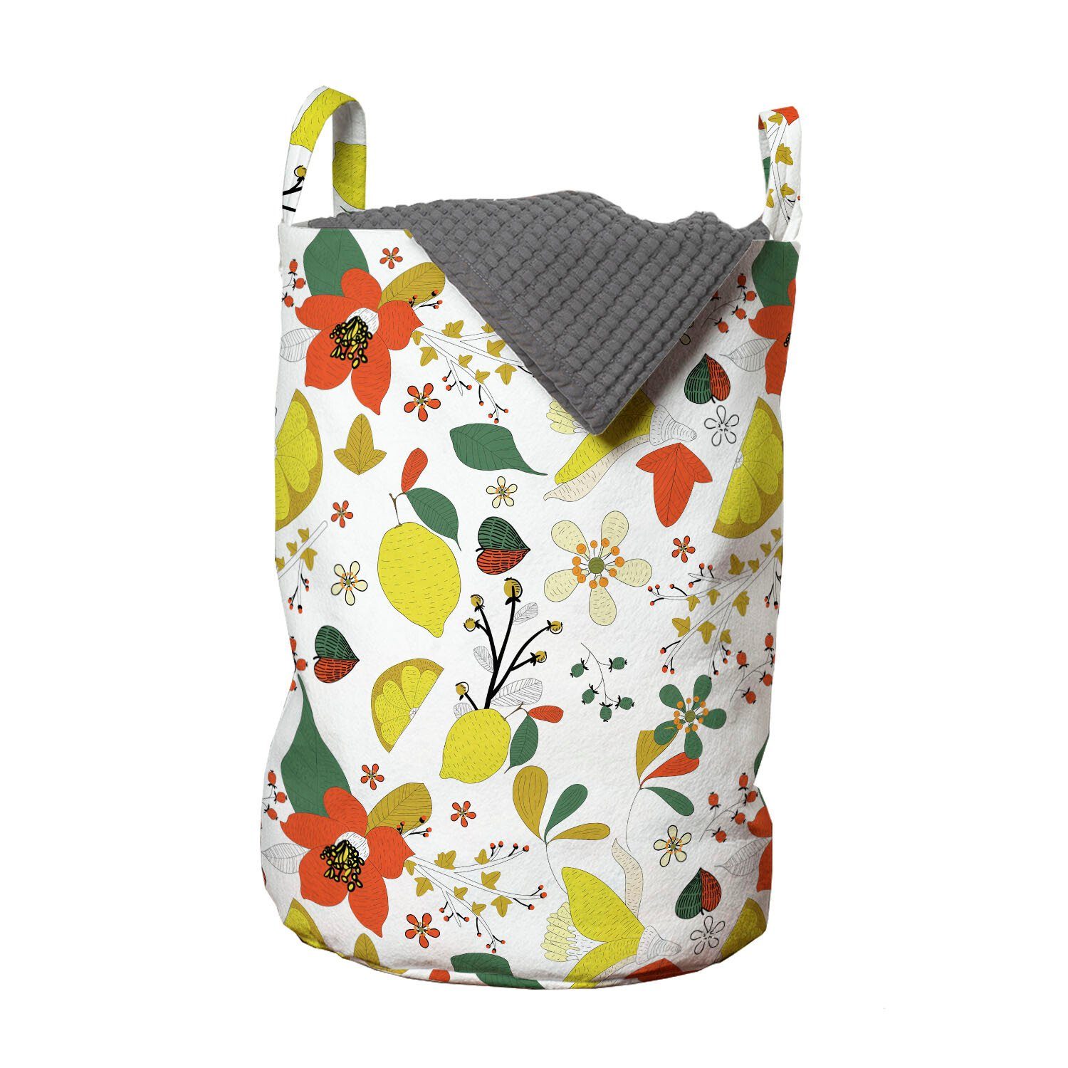 Abakuhaus Wäschesäckchen Wäschekorb mit Griffen Kordelzugverschluss für Waschsalons, Blumen Frühlings-Zitronen-Blätter