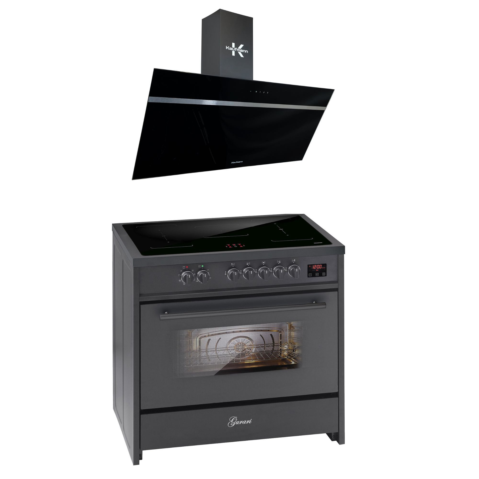 GURARI Induktions Herd-Set Induktionsherd 90 cm Standherd Schwarz, 5 Kochzonen, XXL Backofen 121L, Range Cooker+Dunstabzugshaube 90 cm, 1000 m³/h E 913 BL+VIKTORIA 90 BL, mit 1-fach-Teleskopauszug