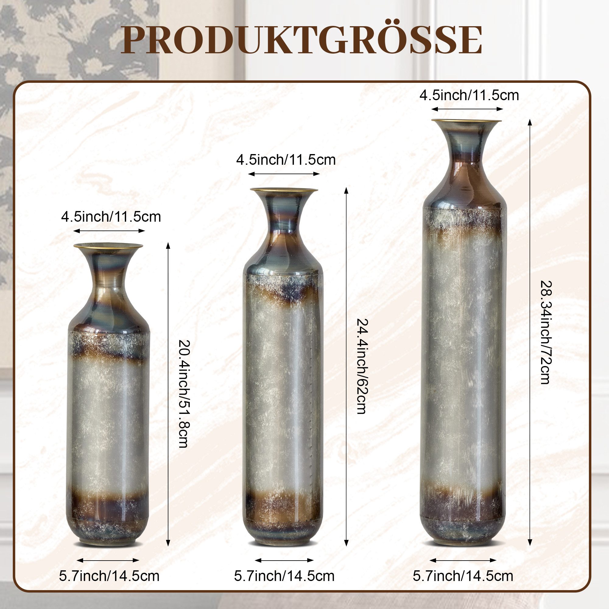 BlingBin Bodenvase 3er Set Handgefertigte Metallvase, Massivmetall Deko-Vase - 52/62/72cm (3er Set, 3 St., Groß: 14*14*72cm/Mittel: 14*14*62cm/Klein: 14*14*52cm), Handgebrannte Vintage-Optik für Wohnzimmer & Flur, Nicht Wasserdicht