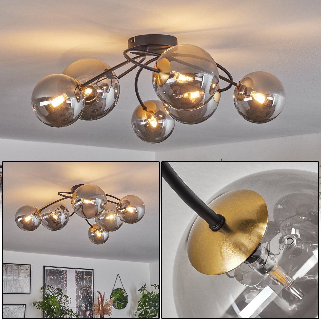 hofstein Deckenleuchte Deckenlampe aus Metall/Glas in Schwarz/Goldfarben/Rauchfarben, ohne Leuchtmittel, Leuchte im Retro-Design aus Glas, 6 x G9 LED, ohne Leuchtmittel