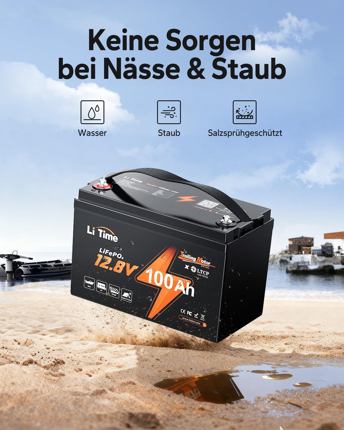 LiTime 12V 100Ah TM LiFePO4 Batterie Bootsbatterie mit Tieftemperaturschutz Solarakkus (12 V), L329*B172*H214 mm, für Elektromotor mit 30-70 lb Schubkraft – Bild 4 von 5