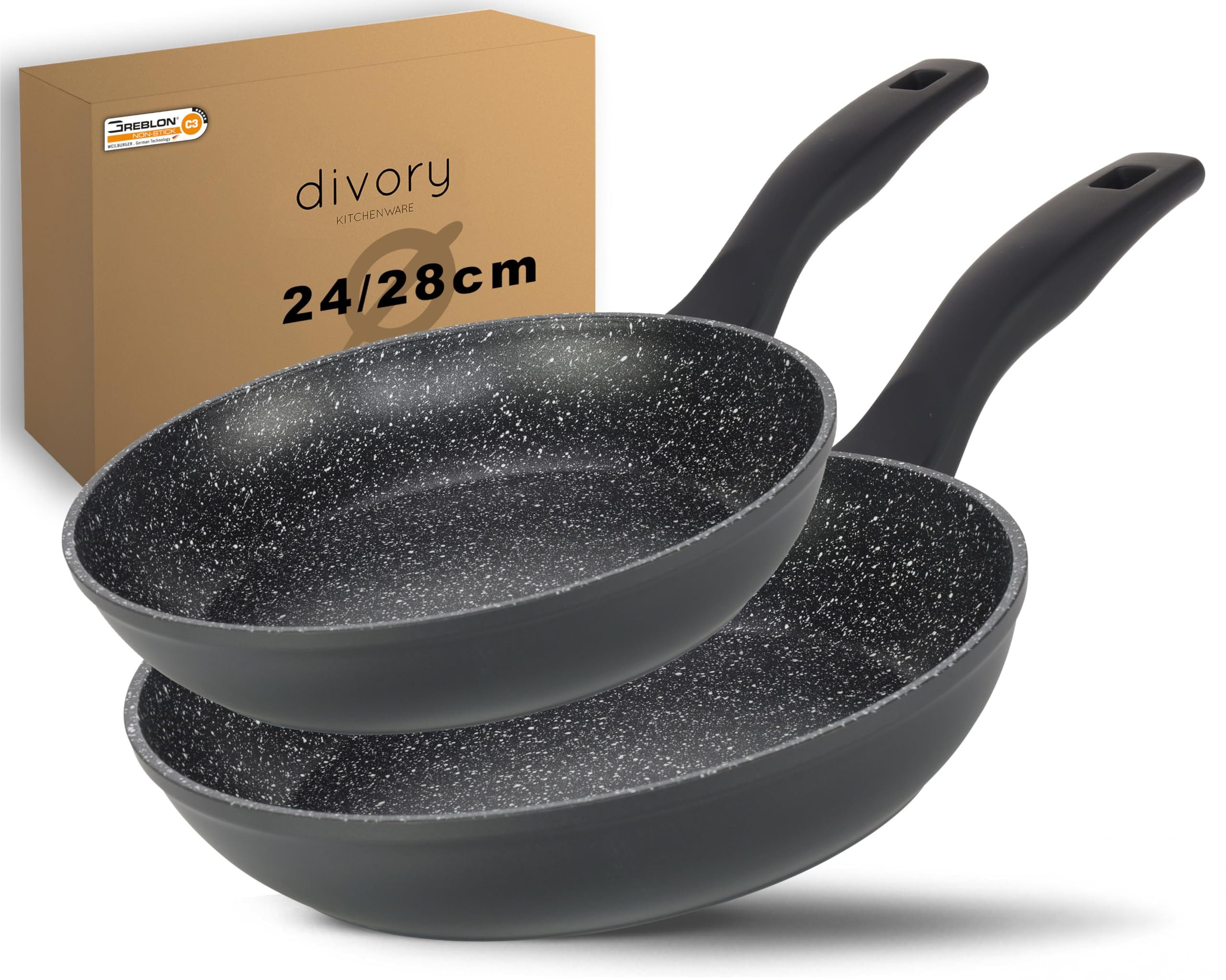 divory Pfannen-Set 24cm, 28cm Induktion – Antihaft Beschichtete große Universalpfanne, Aluminium (für alle Herdarten, 2-tlg), Sichere Griffe, Spülmaschinen geeignet