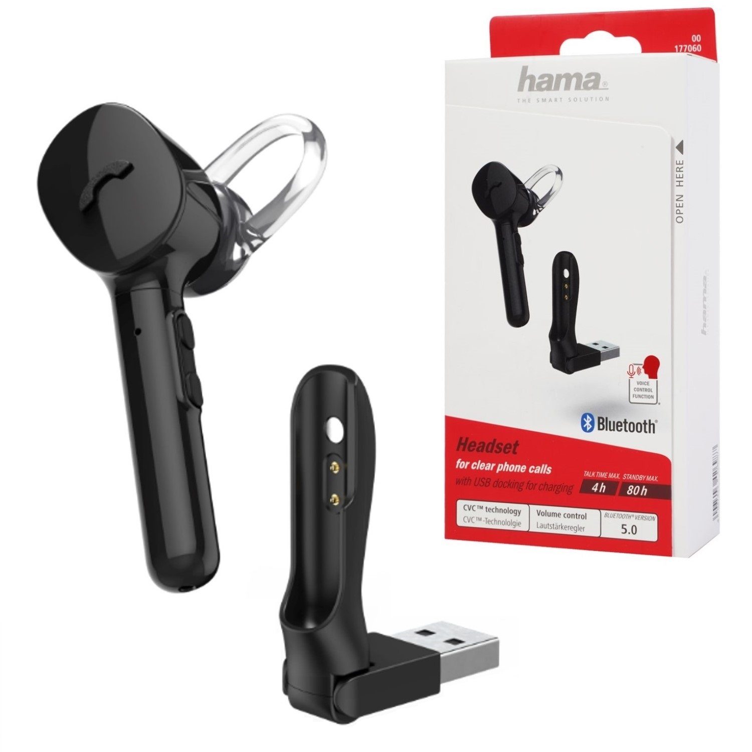 Hama Mono Bluetooth Headset MyVoice 1300 Schwarz Smartphone-Headset (Sprach-Steuerung, Anruffunktion, Bluetooth, Mikrofon, Docking-Station, Bluetooth 5.0, mit USB Docking, Ideal für Chat Telefonie mit Handy PC Notebook)