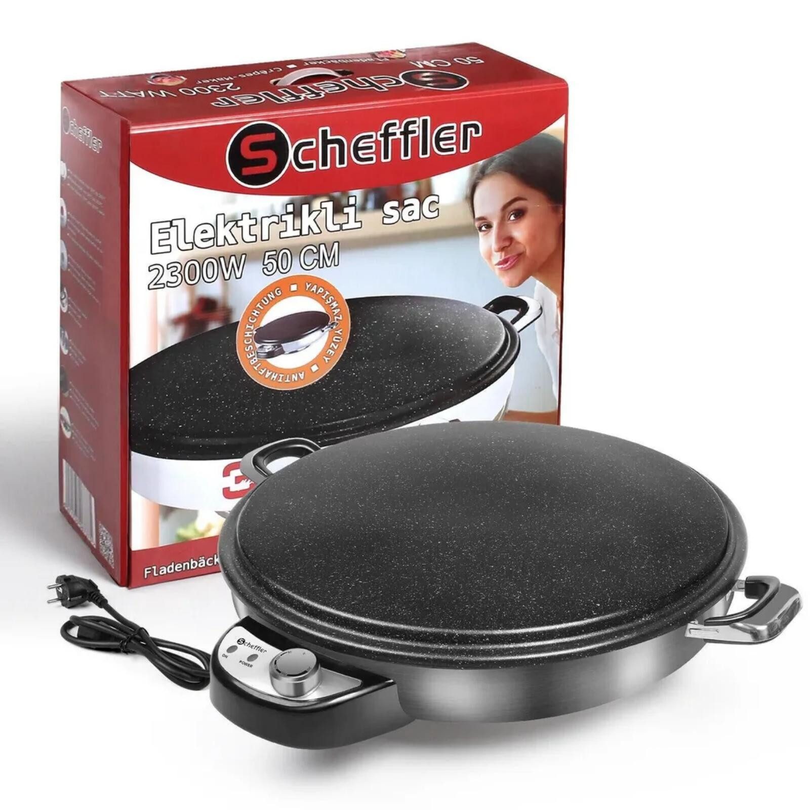 Scheffler Crêpesmaker Ø50cm Fladenbäcker, große Backplatte, Temperaturregler, 2300,00 W, Ø 50 cm, Temperaturregler, antihaftbeschichtet, Edelstahl Griffe
