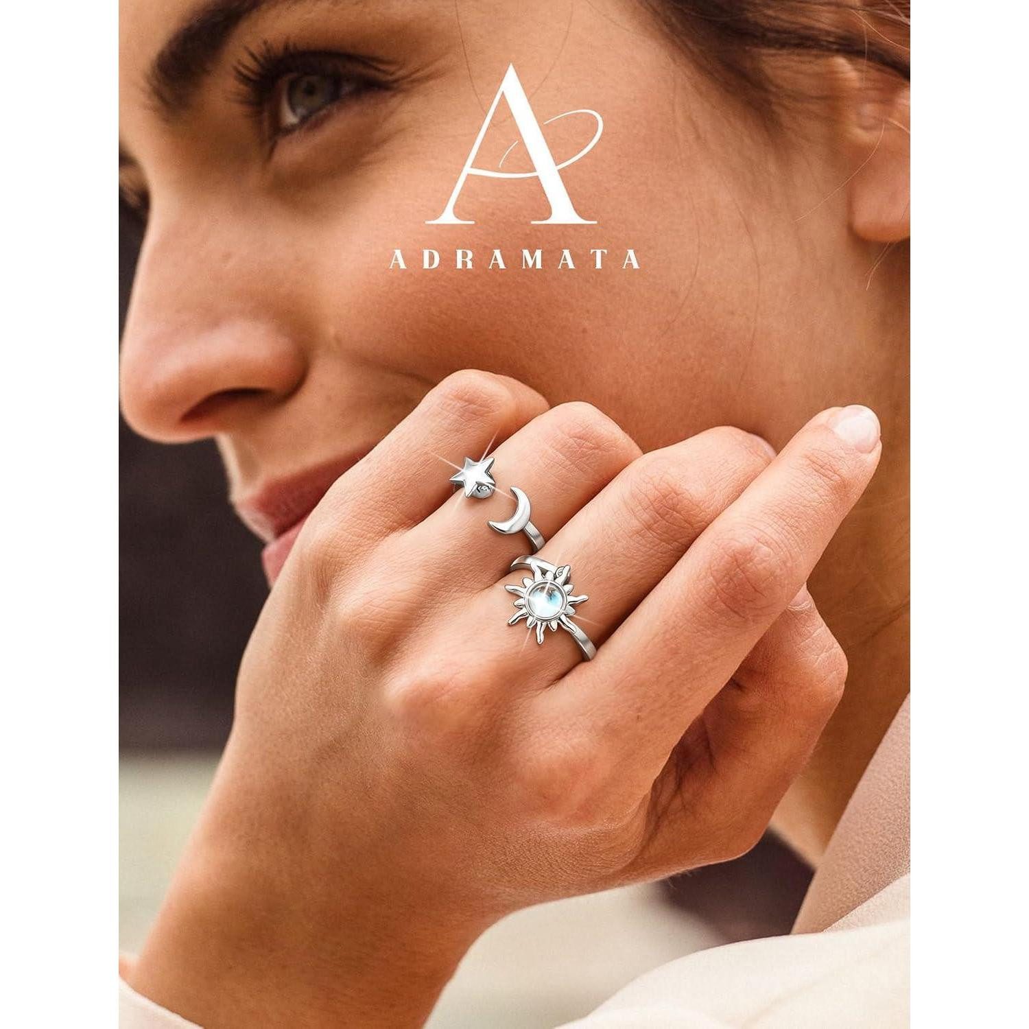 Adramata Silberring 2er Set Silber Spinner Ringe Sonnenblume Mondstein Verstellbar Anti