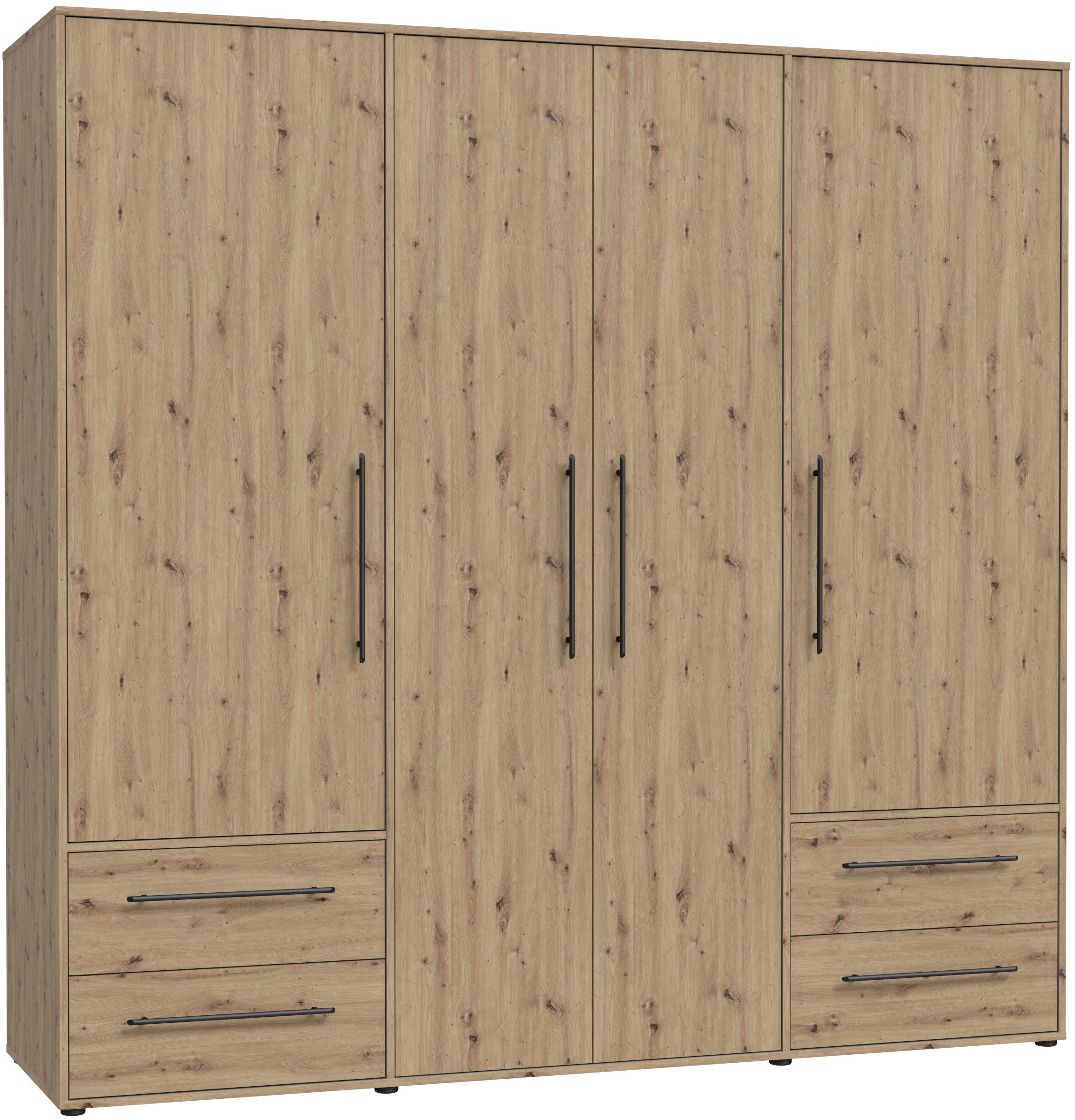 FORTE Kleiderschrank Mokkaris, Garderobe, zeitloses Design, 4 Türen, Made in Europe (B/H/T ca. 206x200x59cm) 4 Schubladen + schwarze Stangengriffe, Made in Europe, viel Stauraum