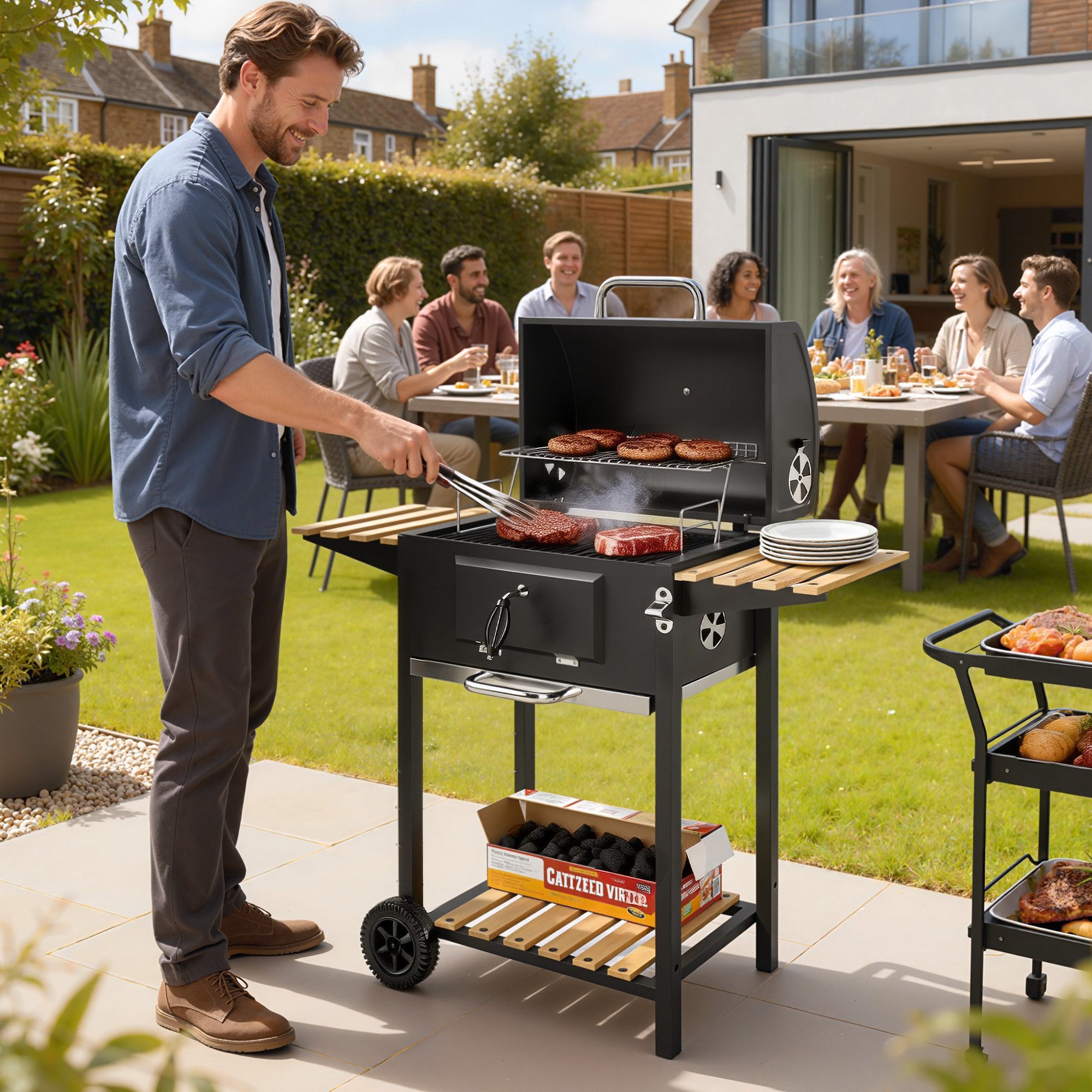Outsunny Holzkohlegrill Kohlegrillwagen mit Grillrost Räder Griff verstellbar Kohlewanne, fahrbar Grillwagen mit Deckel, Kohlegrillwagen aus Edelstahl, mit Holzablage, für Camping, Garten, 112 x 58 x 107cm