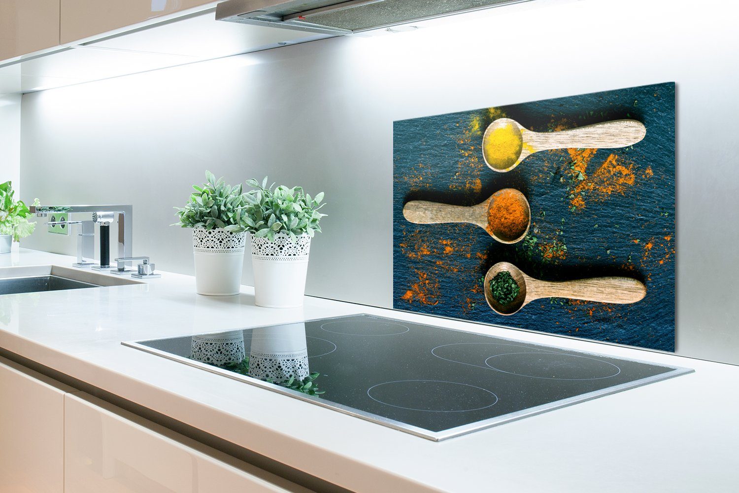 MuchoWow Küchenrückwand aus Grün, küchen Gelb Braun cm, Temperaturbeständig 60x40 - Herdblende Kräuter Gewürze Löffel - Wandschutz, - - (1-tlg), 