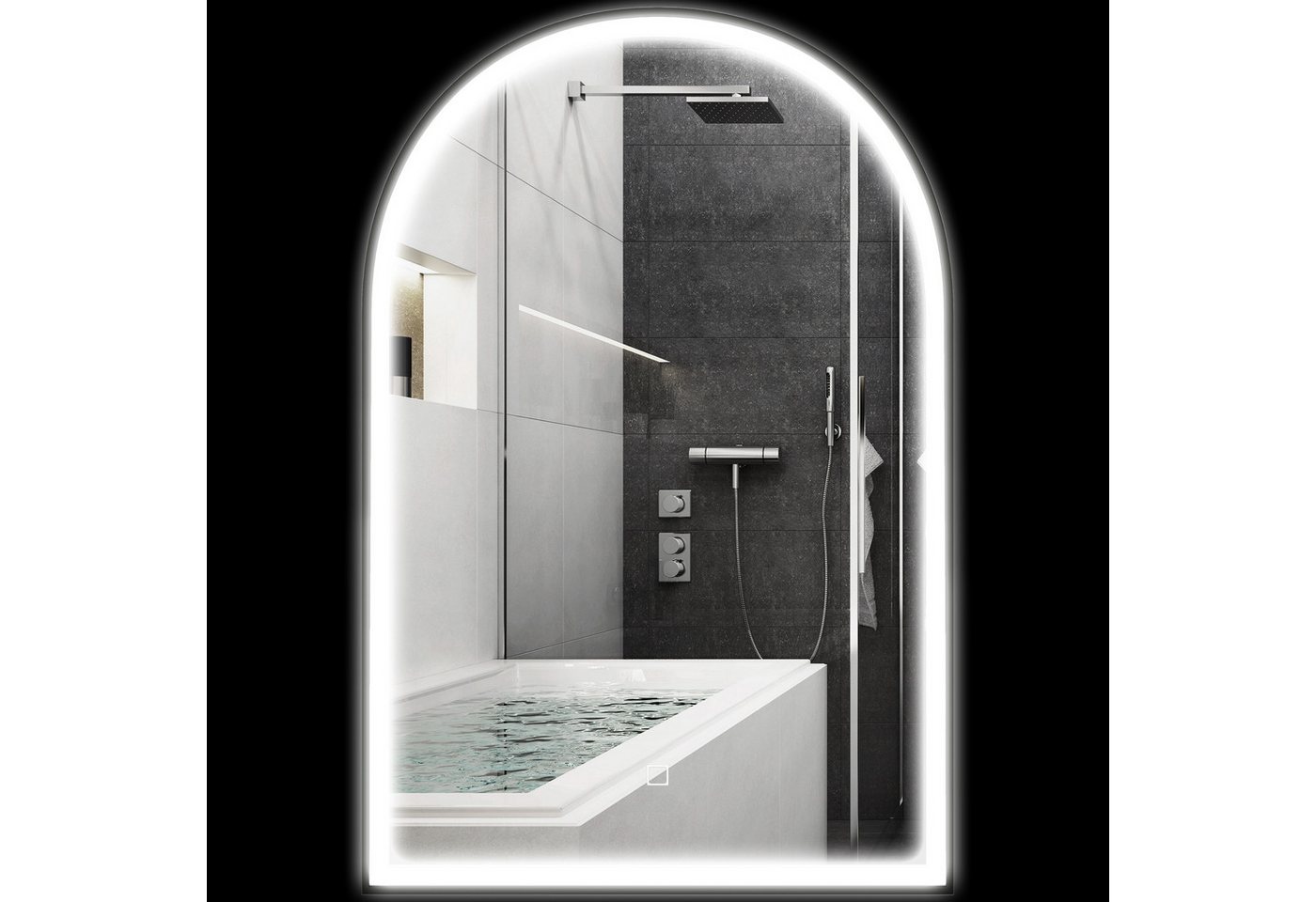 BAYMATE Badspiegel 90 x 60 cm LED-Badezimmerspiegel, Wandmontage, 3 Farben, (gebogener Aluminiumrahmen, Antibeschlagfunktion und Touch-Schalter)
