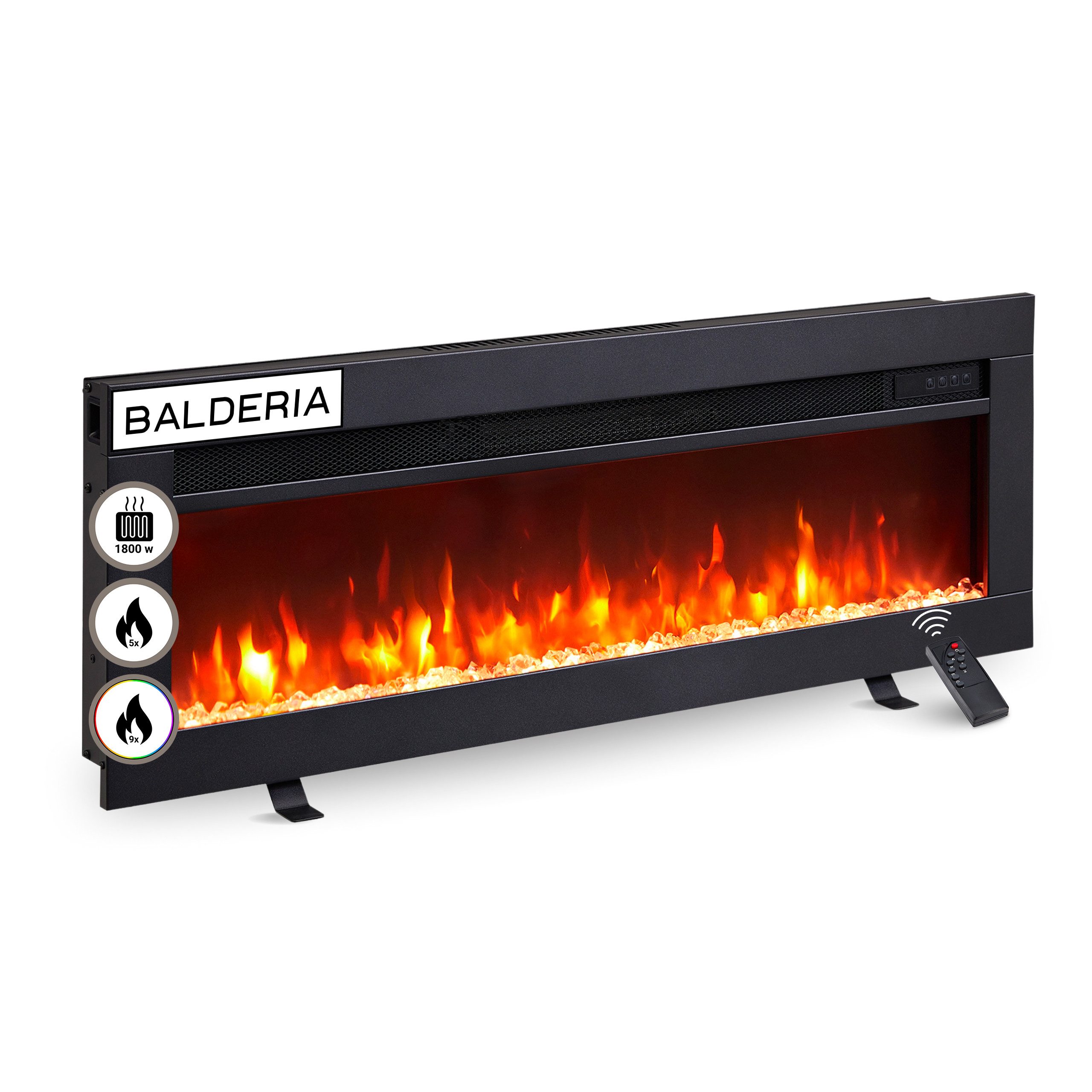 Balderia Elektrokamin Agnes, Elektrischer 3in1 Stand-, Wand- oder Einbaukamin, Heizung 1800 W, 3D-Flammeneffekt, Fernbedienung, Timer, Thermostat