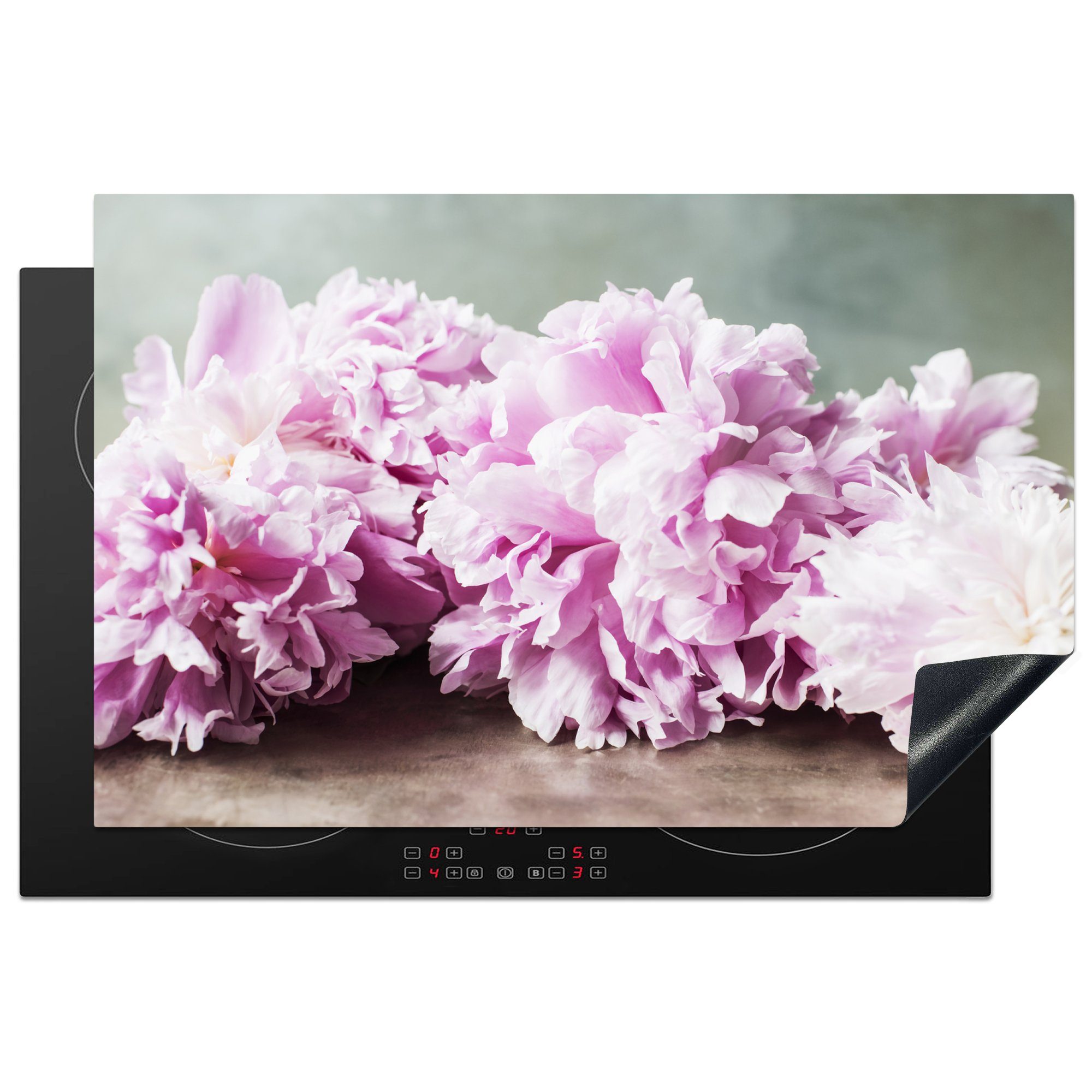 MuchoWow Herdblende-/Abdeckplatte Blumen - Rosa - Pfingstrose - Botanisch, Vinyl, (1 tlg), 81x52 cm, Induktionskochfeld Schutz für die küche, Ceranfeldabdeckung