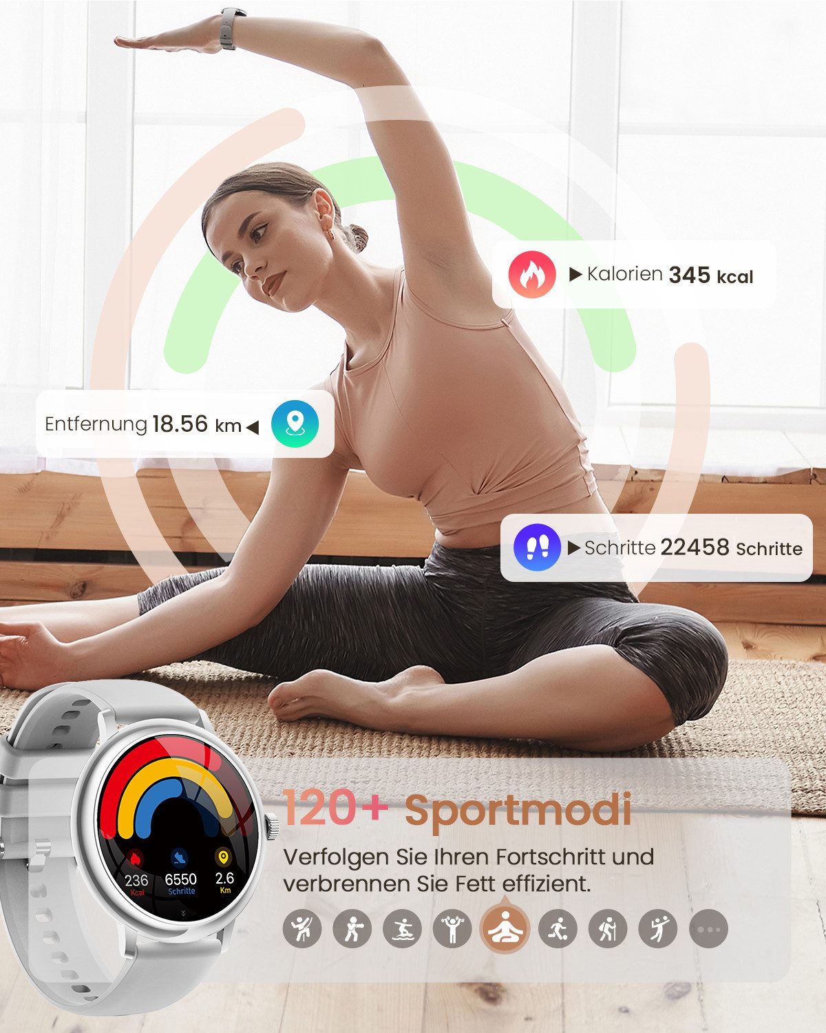 SWGOTA 2026 NEW Smartwatch Damen Rund mit 1,19" AMOLED Anzeige,2 Armbänder Smartwatch, Geschenk für frauen mit 120 Sportmodi,Herzfrequenz,SpO2/Schlafmonitor, /M – Bild 4 von 5