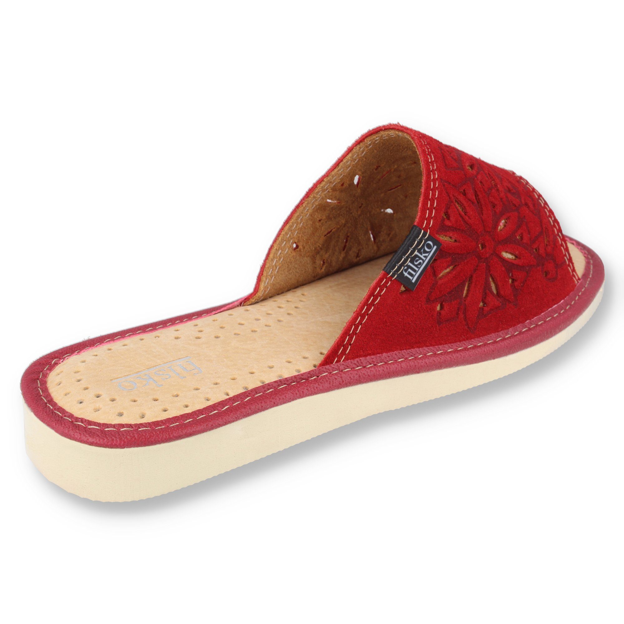 filsko Zafra Damen Hausschuh Veloursleder mit Blumenmuster, offene Pantoletten, Slip-On