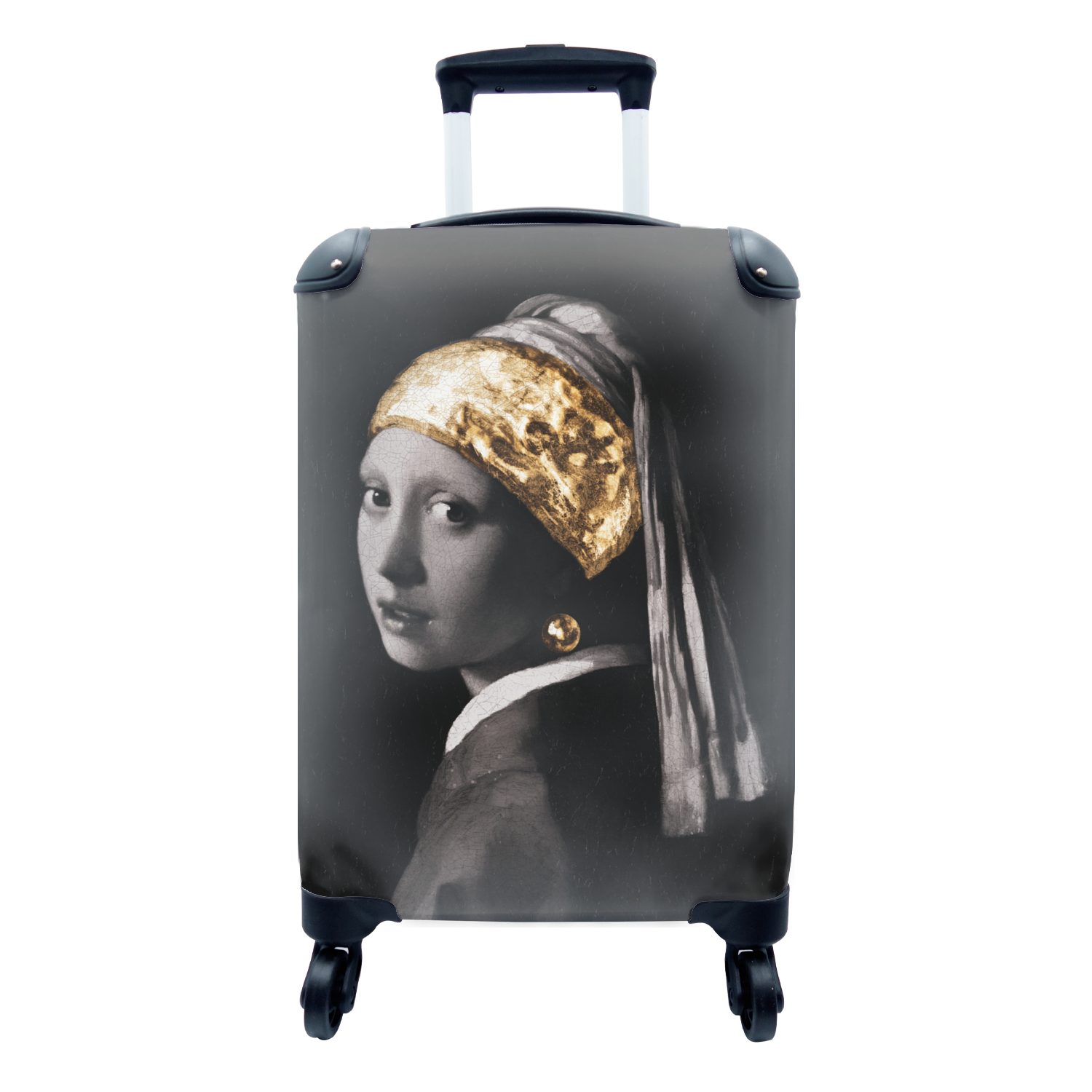 MuchoWow Handgepäckkoffer Mädchen mit Perlenohrring Gold, Vermeer Ferien, Rollen, rollen, 4 für Trolley, - einem Reisekoffer mit Handgepäck - Reisetasche
