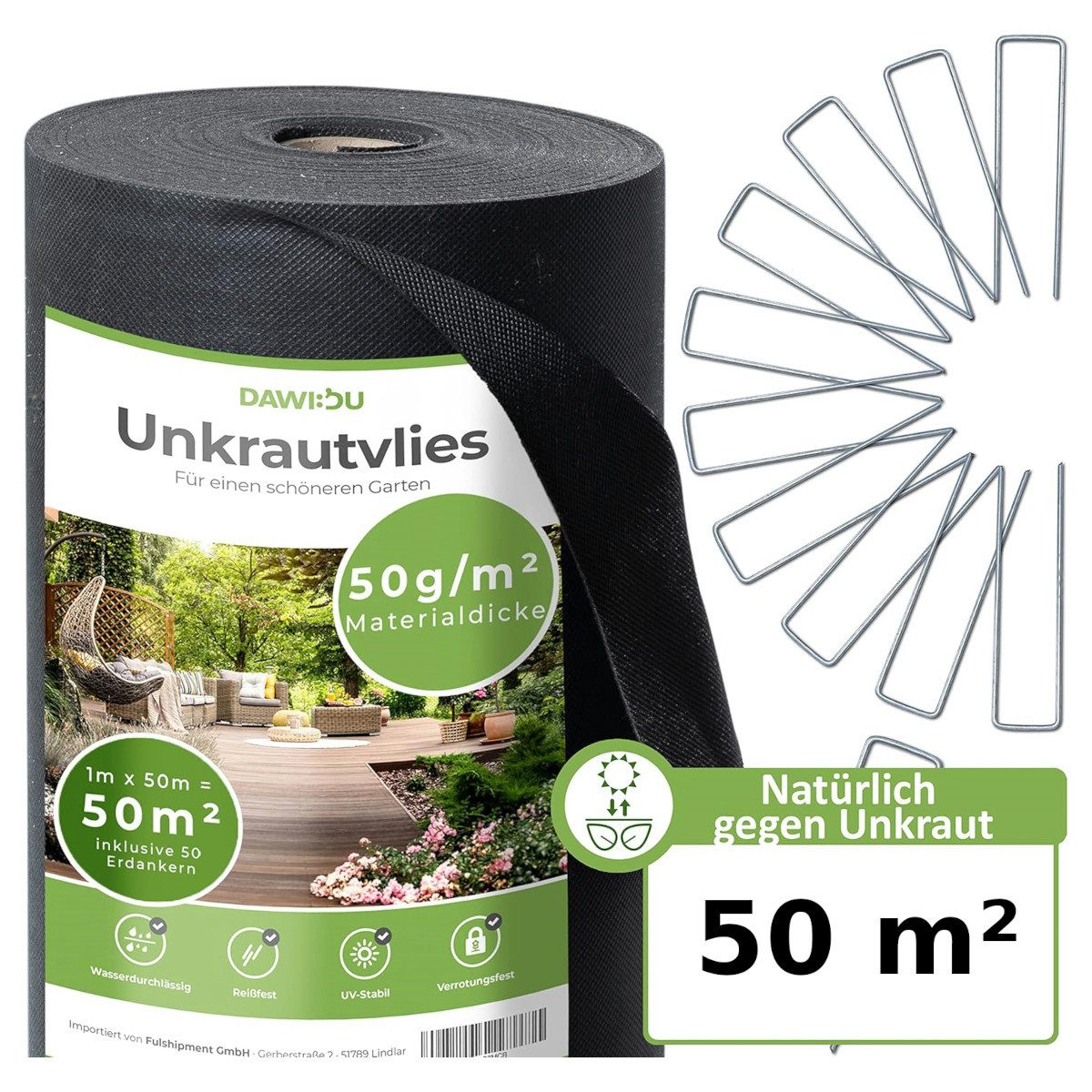 Unkrautvlies DAWIDU 50 m² Gartenvlies Unkrautvlies 50g/m² inkl. 50 Erdanker